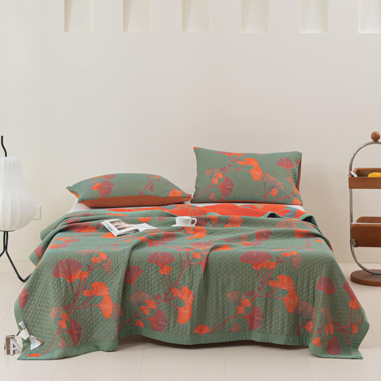 King Size 100% Cotton Floral Ginkgo Jacquard Quilt, 3-Layer Reversible Lightweight Bedspread 98"x94"