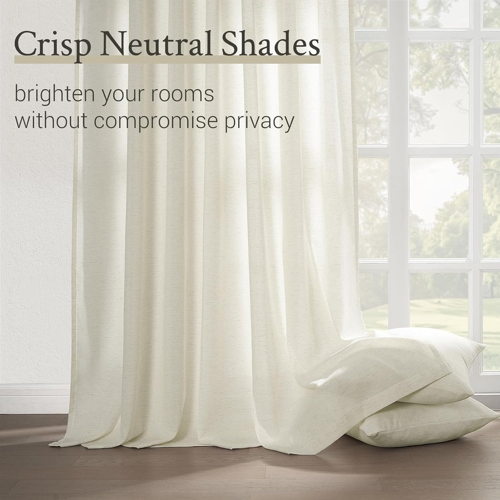 Topfinel 102 Inch Curtains 2 Panels Set,Two Packs Pinch Pleat Back Tab Linen Window Semi Sheer Privacy Thick Decorative Curtain Drapes for Living Room Bedroom,40x102 in Long,Ivory/Off White