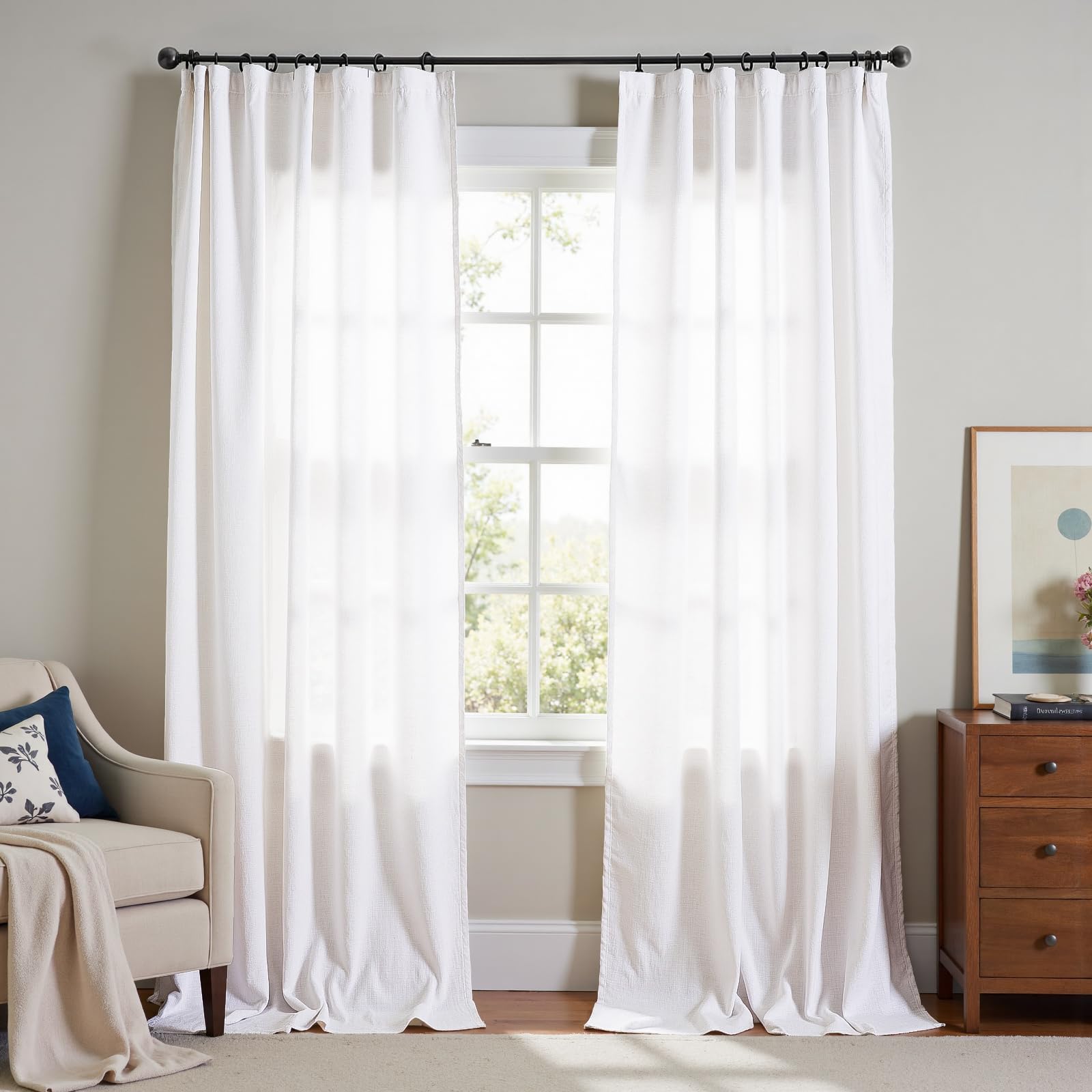 Linen Curtains for Living Room Bedroom 84 Inches Long Thick Linen Textured Beige Curtains Light Filtering Natural Semi Sheer Farmhouse Window Drapes, Country Rustic Drapes 2 Panels Back Tab/Rod Pocket