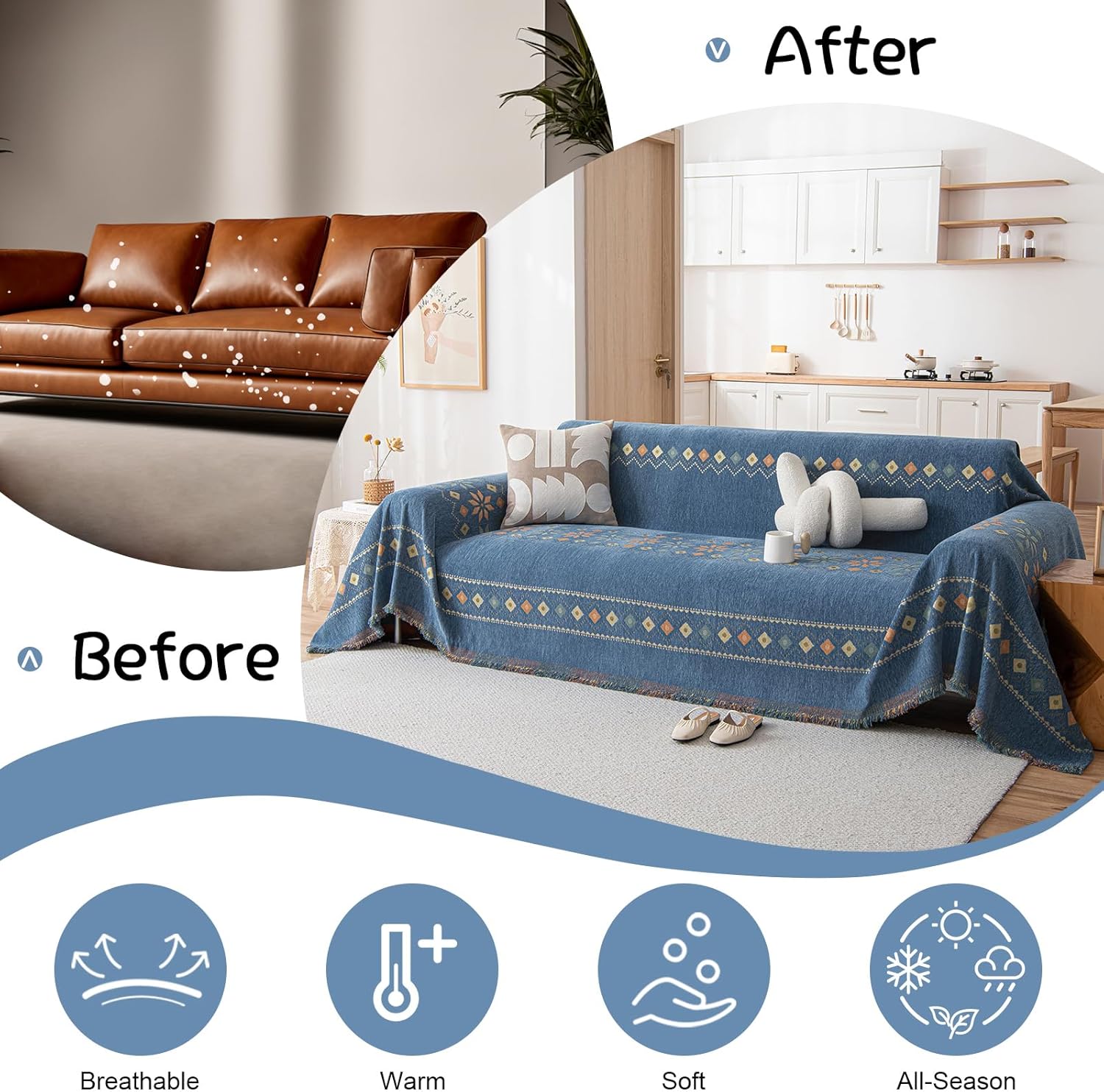 VClife Boho Couch Cover Blue Geometric Jacquard Pattern Sofa Cover, 1 Piece Large Couch Covers for 3 Cushion Couch Sofa Washable Plush Chenille Sofa Protector for Living Room, 71x134 Inch