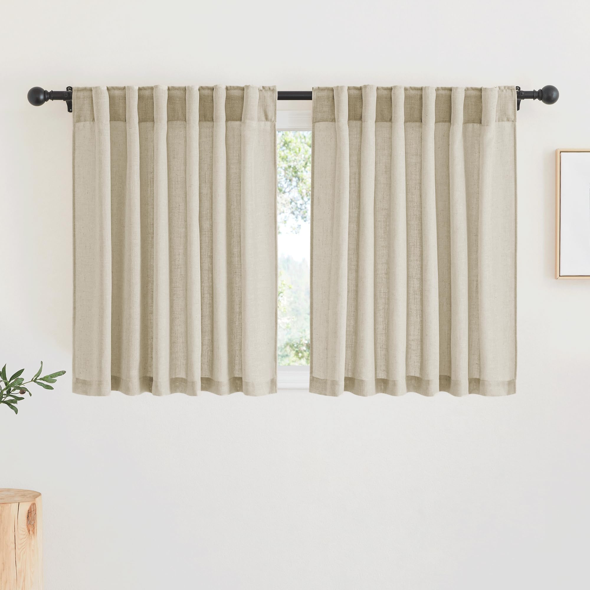 RYB HOME Semi Sheer Curtains - Linen Blend Privacy Curtains Sheer Window Treatment Drapes Farmhouse Decor for Bedroom Living Room Sliding Glass Door, 52 inch Wide x 95 inch Long 2 Panels, Linen