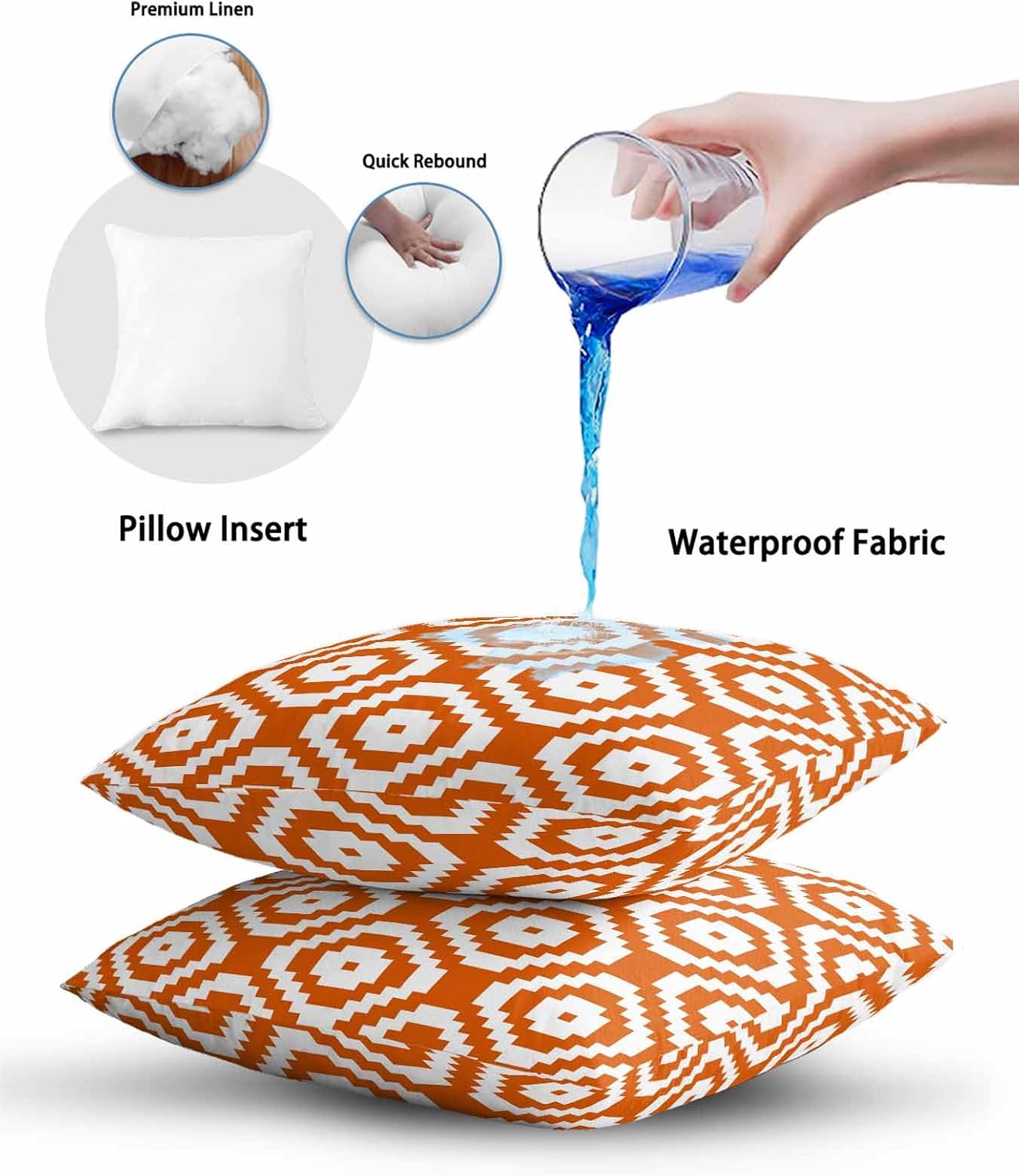 Throw Pillow 18x18 Inch, Orange White Geometric Waterproof Outdoor Pillow Covers with Insert, Modern Abstract Art Decorative Pillowcase Cushion Cases for Patio, Couch, Sofa, Bed