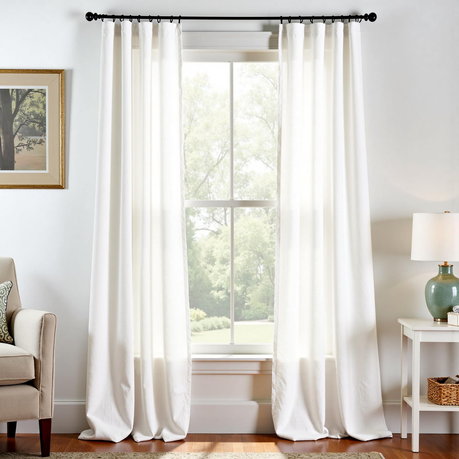 Linen Curtains for Living Room Bedroom 84 Inches Long Thick Linen Textured Beige Curtains Light Filtering Natural Semi Sheer Farmhouse Window Drapes, Country Rustic Drapes 2 Panels Back Tab/Rod Pocket