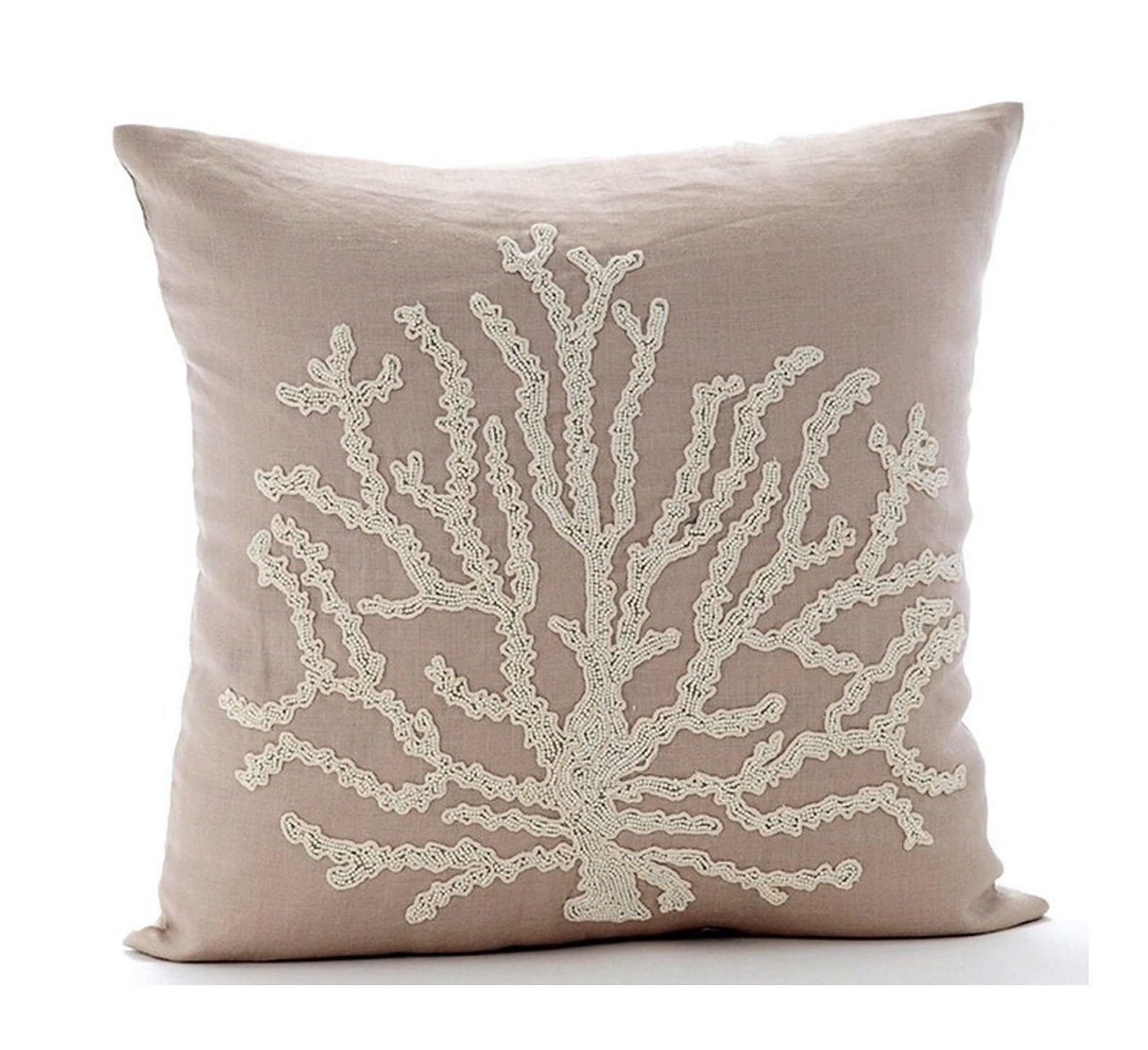 The HomeCentric Decorative Pillow Covers Beige Pack of 2, 20"x20" (50x50 cm) Linen Embroidery Cushion Covers for Sofa, Geometric Modern Style - Juliette