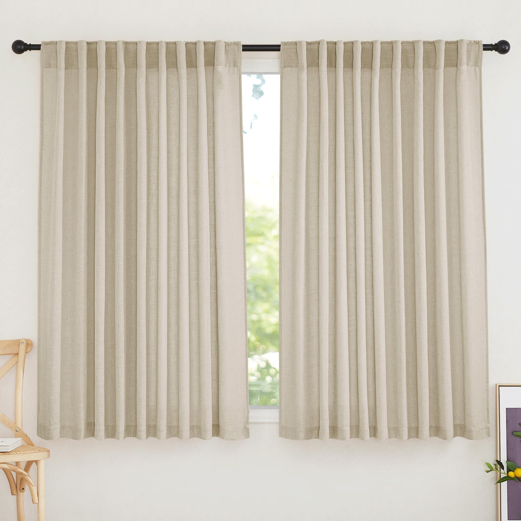 RYB HOME Semi Sheer Curtains - Linen Blend Privacy Curtains Sheer Window Treatment Drapes Farmhouse Decor for Bedroom Living Room Sliding Glass Door, 52 inch Wide x 95 inch Long 2 Panels, Linen
