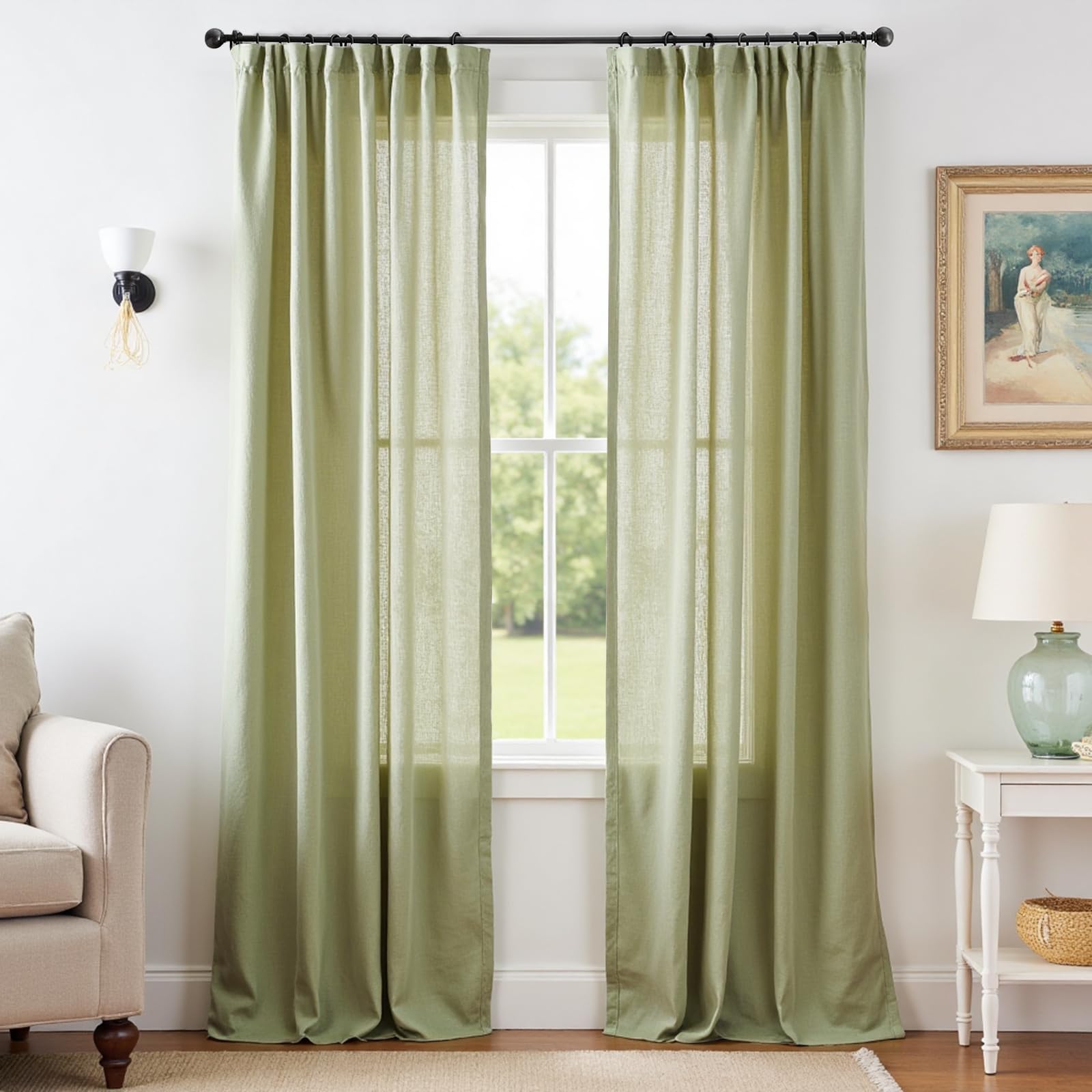 Linen Curtains for Living Room Bedroom 84 Inches Long Thick Linen Textured Beige Curtains Light Filtering Natural Semi Sheer Farmhouse Window Drapes, Country Rustic Drapes 2 Panels Back Tab/Rod Pocket