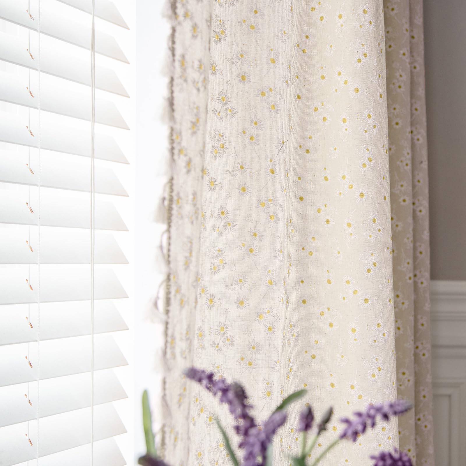 Green Boho Floral Curtains 84", 2 Panels Cotton Linen Semi-Blackout Drapes with Tassel