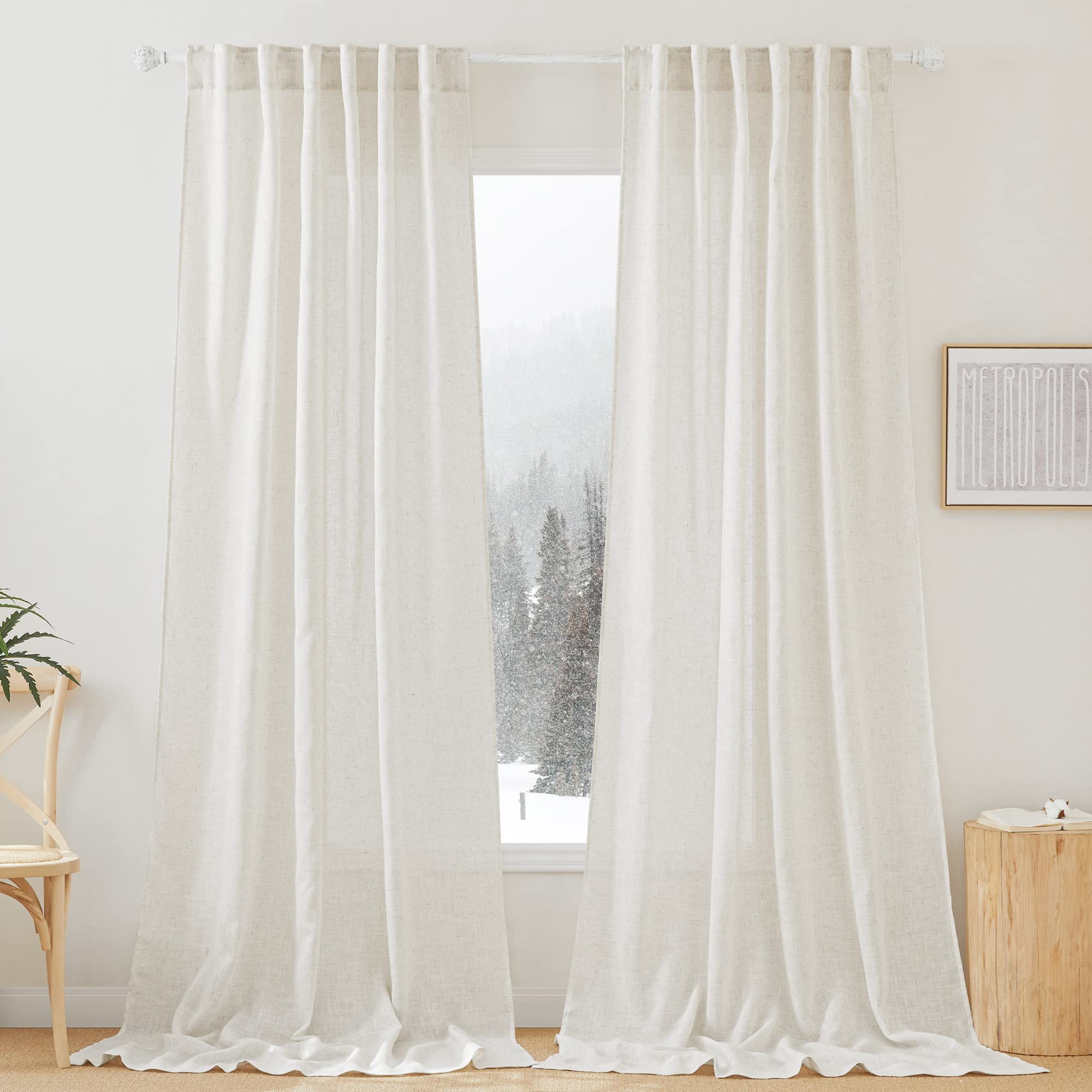 RYB HOME Semi Sheer Curtains - Linen Blend Privacy Curtains Sheer Window Treatment Drapes Farmhouse Decor for Bedroom Living Room Sliding Glass Door, 52 inch Wide x 95 inch Long 2 Panels, Linen