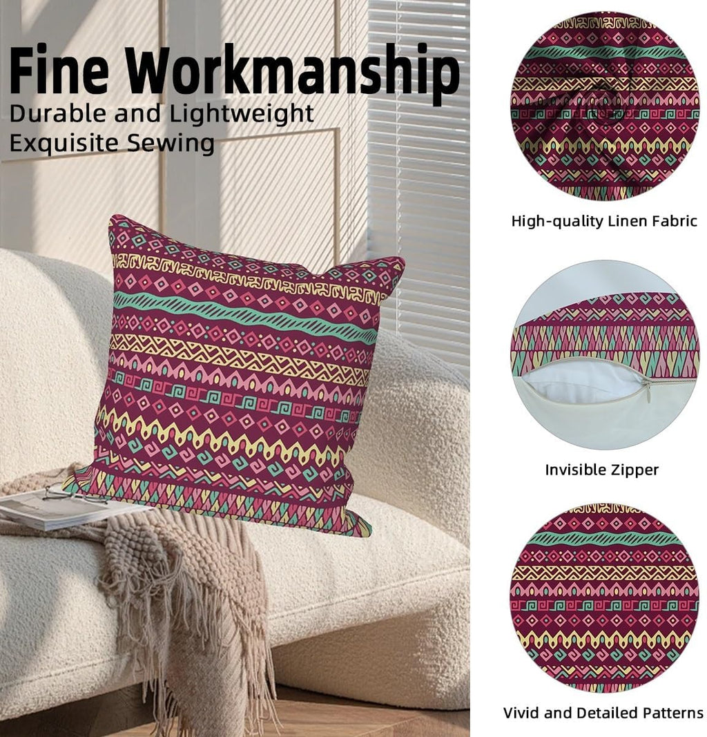 4 Pcs/Set Geometric Pillow Covers Boho Abstract Strips Patchwork Color Geometric Ethnic Colorful Vintage Artwork Linen Throw Cushion Cases for Couch Sofa Bedroom Decorative, 22"x22"