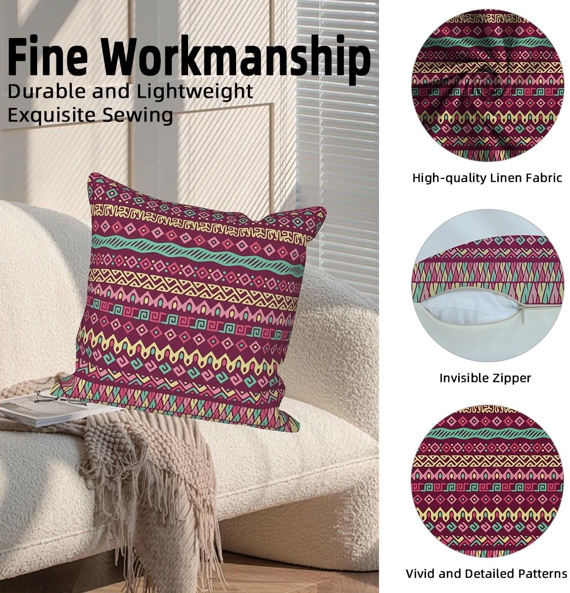 4 Pcs/Set Geometric Pillow Covers Boho Abstract Strips Patchwork Color Geometric Ethnic Colorful Vintage Artwork Linen Throw Cushion Cases for Couch Sofa Bedroom Decorative, 22"x22"