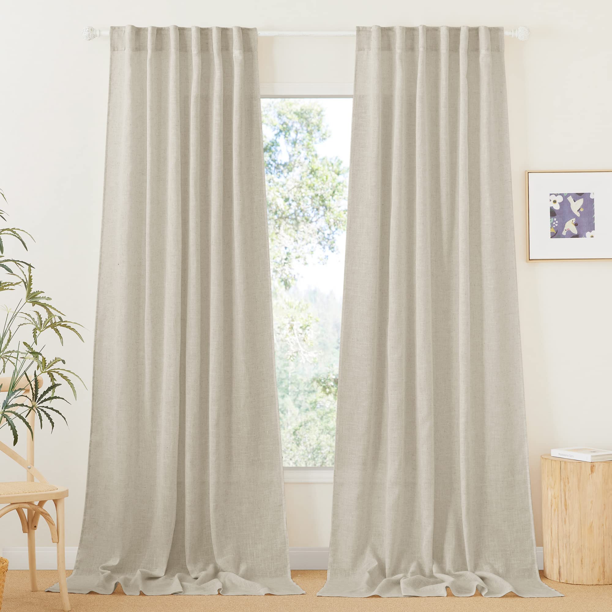 RYB HOME Semi Sheer Curtains - Linen Blend Privacy Curtains Sheer Window Treatment Drapes Farmhouse Decor for Bedroom Living Room Sliding Glass Door, 52 inch Wide x 95 inch Long 2 Panels, Linen