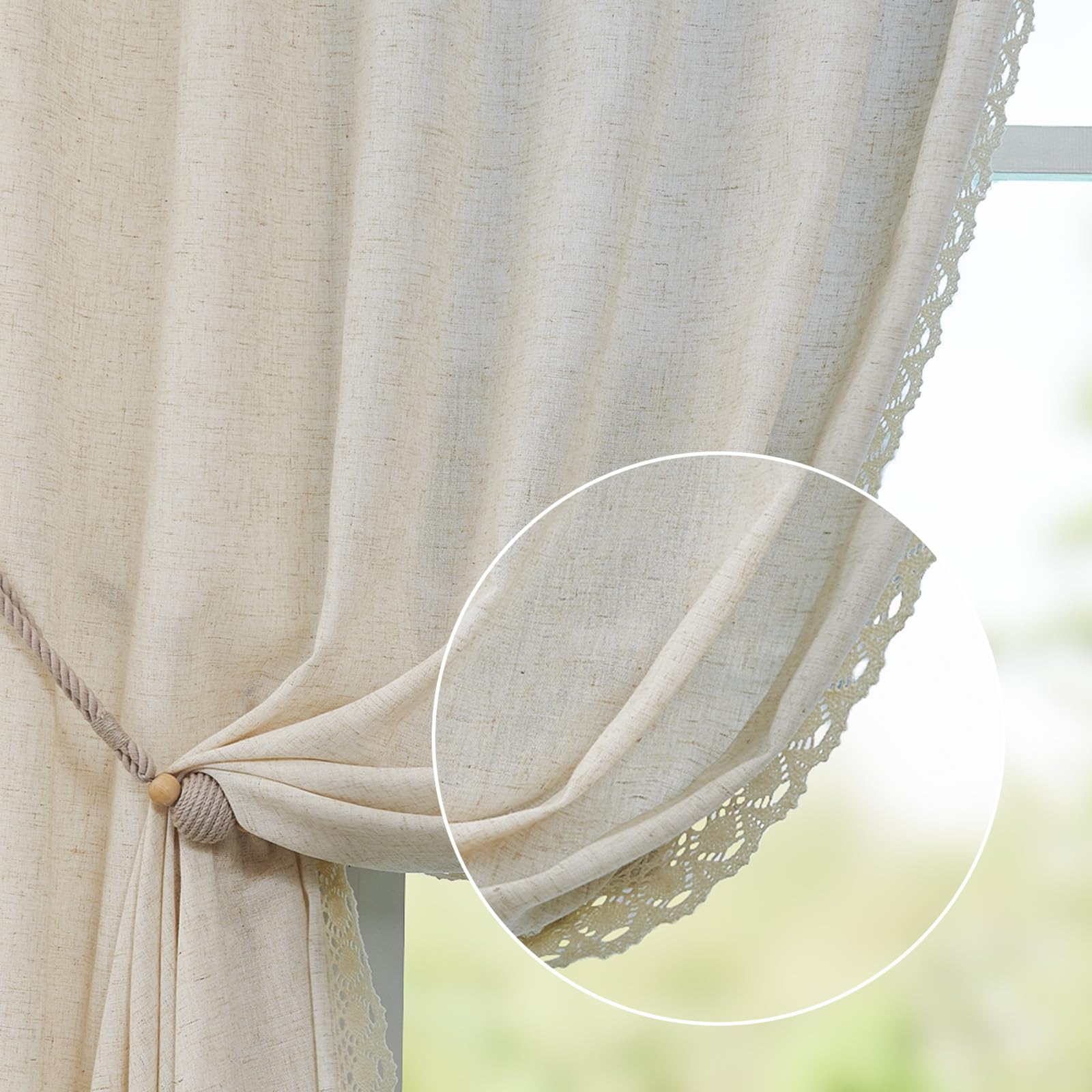 Linen Curtains for Living Room Bedroom 84 Inches Long Thick Linen Textured Beige Curtains Light Filtering Natural Semi Sheer Farmhouse Window Drapes, Country Rustic Drapes 2 Panels Back Tab/Rod Pocket