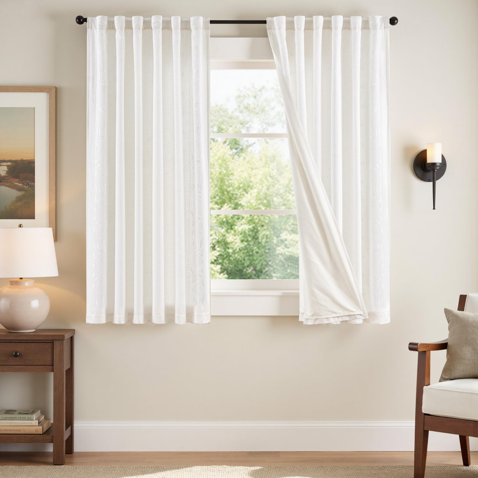 jinchan Winslow Linen Curtains for Bedroom 84 Inches Length Embroidered Bordered Floral Curtains for Living Room Farmhouse Decor Light Filtering Window Treatments Blue on Beige Drapes 2 Panels