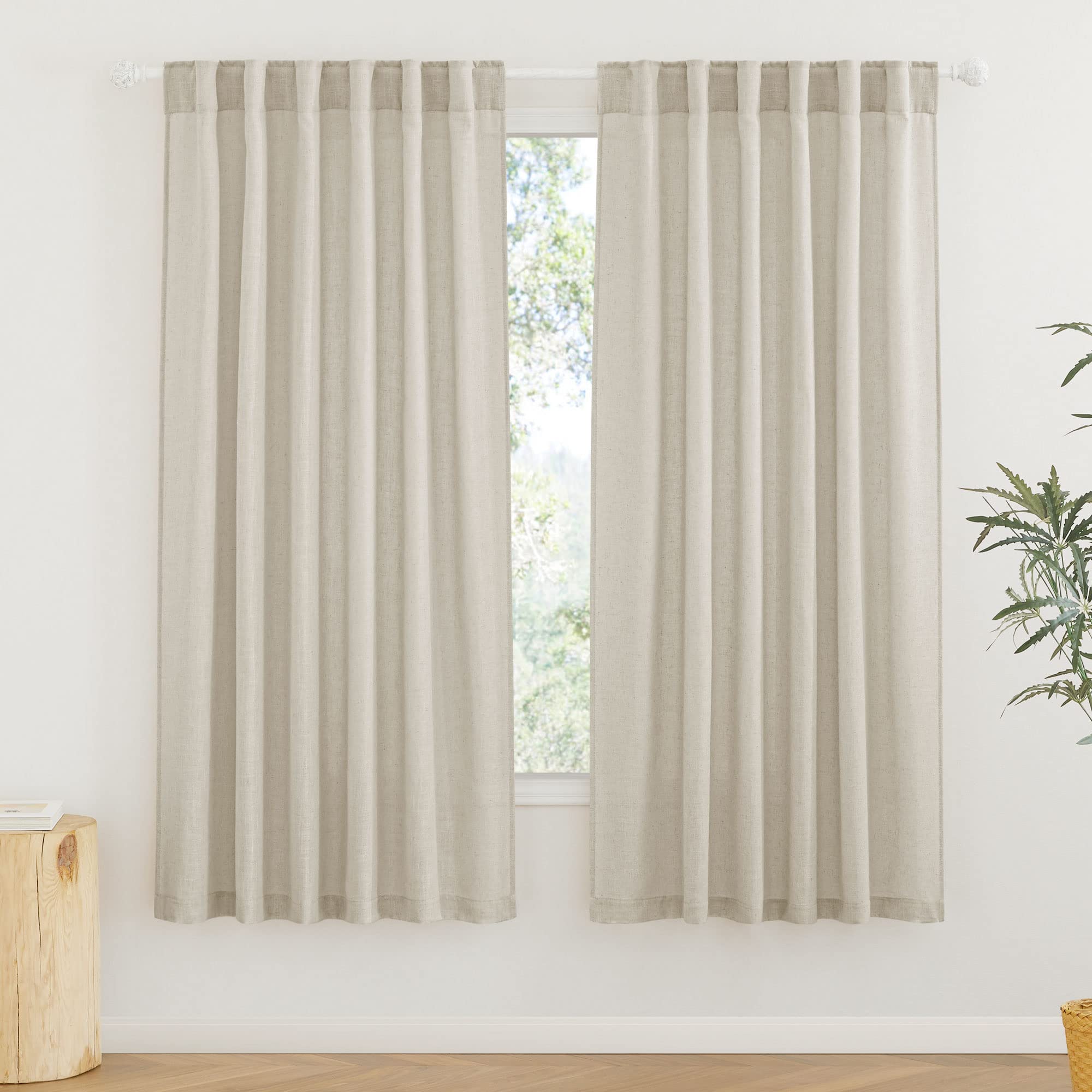 RYB HOME Semi Sheer Curtains - Linen Blend Privacy Curtains Sheer Window Treatment Drapes Farmhouse Decor for Bedroom Living Room Sliding Glass Door, 52 inch Wide x 95 inch Long 2 Panels, Linen