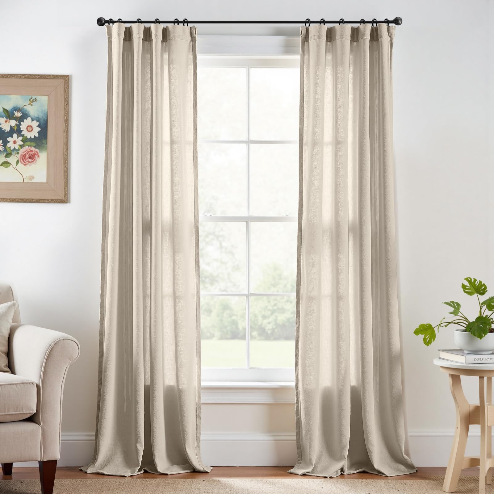 Linen Curtains for Living Room Bedroom 84 Inches Long Thick Linen Textured Beige Curtains Light Filtering Natural Semi Sheer Farmhouse Window Drapes, Country Rustic Drapes 2 Panels Back Tab/Rod Pocket