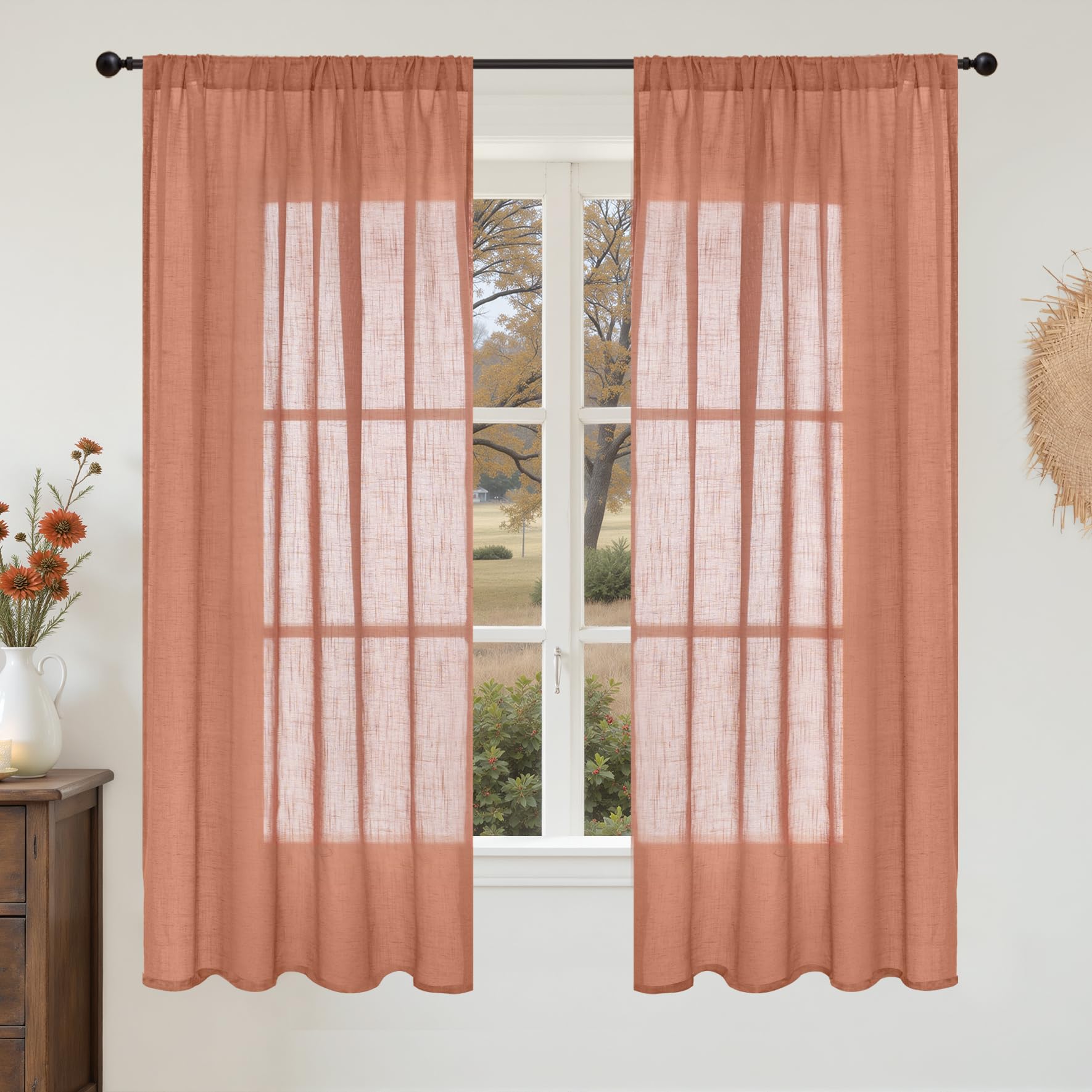 BGment 80 Inches Long Natural Linen Curtains 2 Panels Set - Burlap Light Filtering Window Drapes with Rod Pocket Semi Sheer for Farmhouse Bedroom Decor Rustic, 52 Inch Wide Each Panel