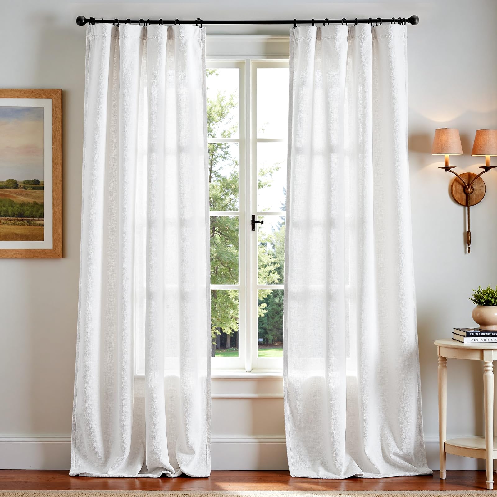 Linen Curtains for Living Room Bedroom 84 Inches Long Thick Linen Textured Beige Curtains Light Filtering Natural Semi Sheer Farmhouse Window Drapes, Country Rustic Drapes 2 Panels Back Tab/Rod Pocket