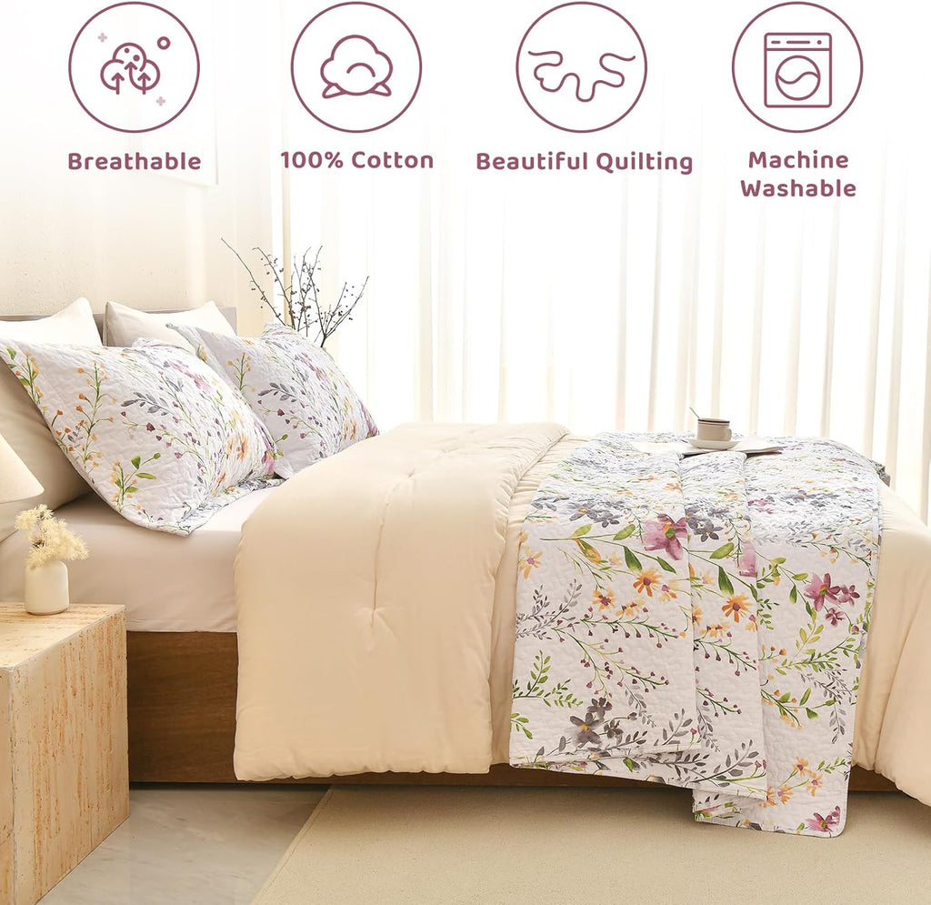 Sanracie 100% Cotton Quilt Queen Size(90"x98")-Floral Quilted Bedspreads Set,3pcs Yellow Wild Flower Botanical Printed Pattern Quilt Bedding Coverlet Summer Soft Lightweight Aesthetic Bedding