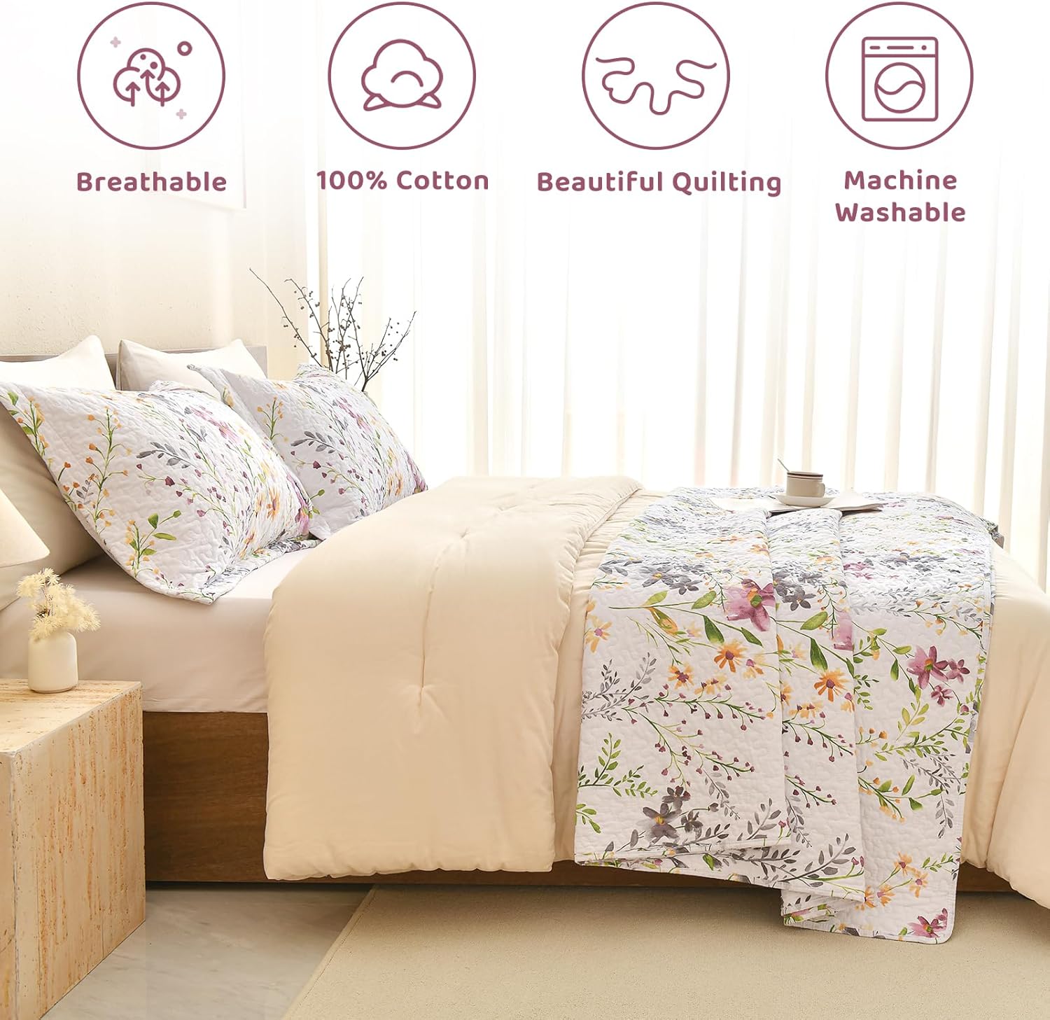 Sanracie 100% Cotton Quilt Queen Size(90"x98")-Floral Quilted Bedspreads Set,3pcs Yellow Wild Flower Botanical Printed Pattern Quilt Bedding Coverlet Summer Soft Lightweight Aesthetic Bedding