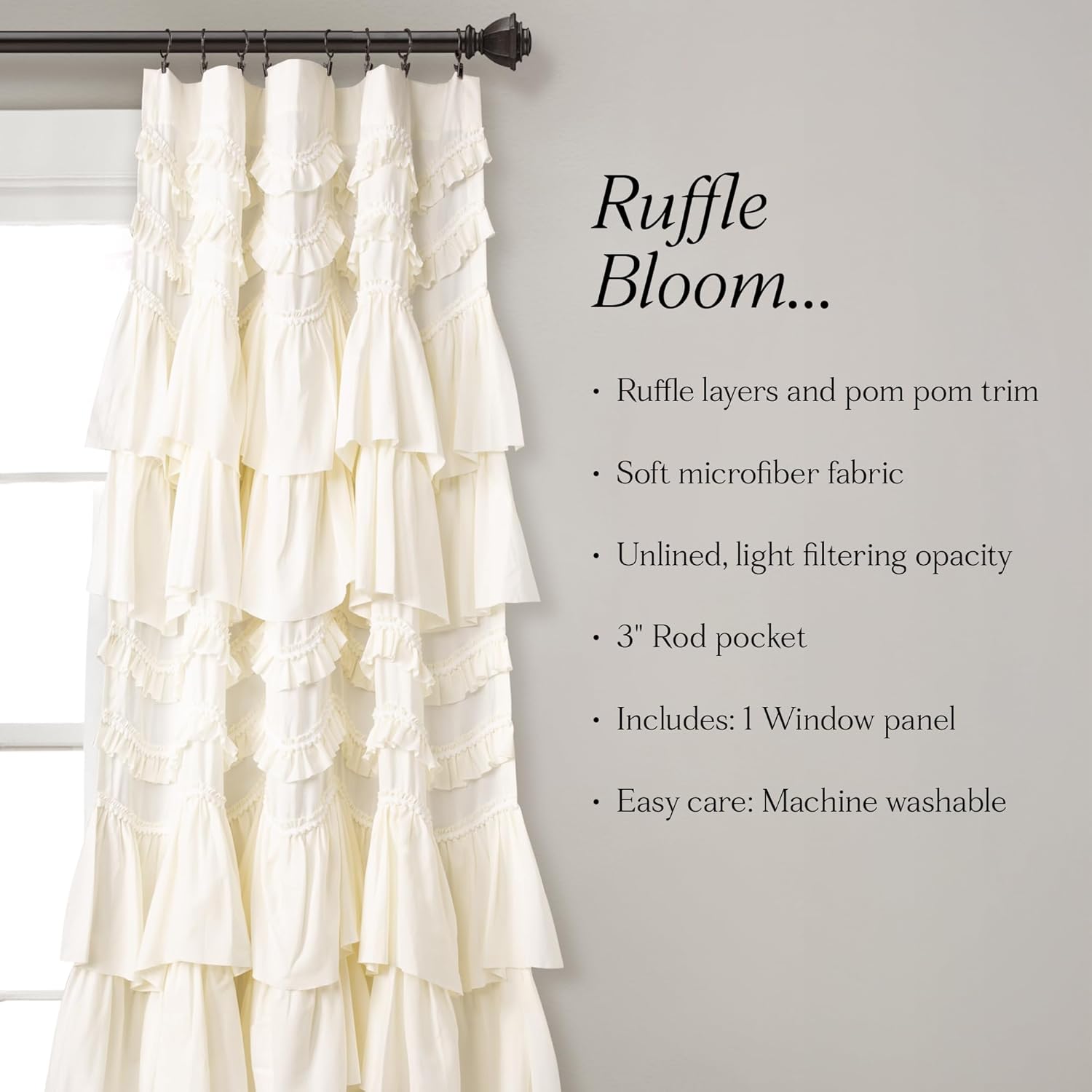 Lush Decor Kemmy Light Filtering Window Curtain Panel Single 52" W x 84" L Ivory - Drapes - Ruffled Curtains for Bedroom - Cream Curtains - Coquette Decor