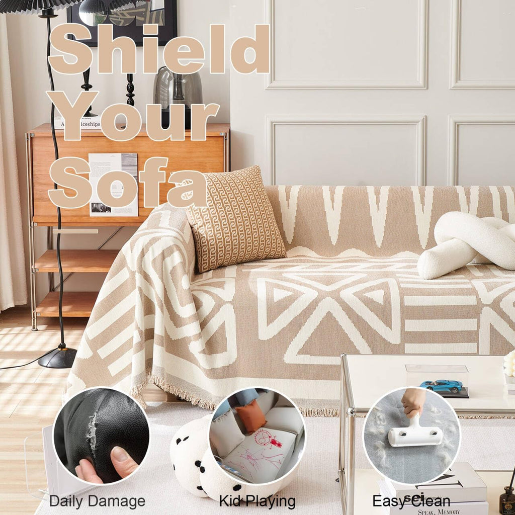 VClife Boho Couch Cover, Washable Sofa Cover for Dog, Non Slip Couch Covers for 3 Cushion Couch, Modern Khaki Creamy White Geometric Sofa Slipcovers Multi-Functional Furniture Protector 71'' x 134''