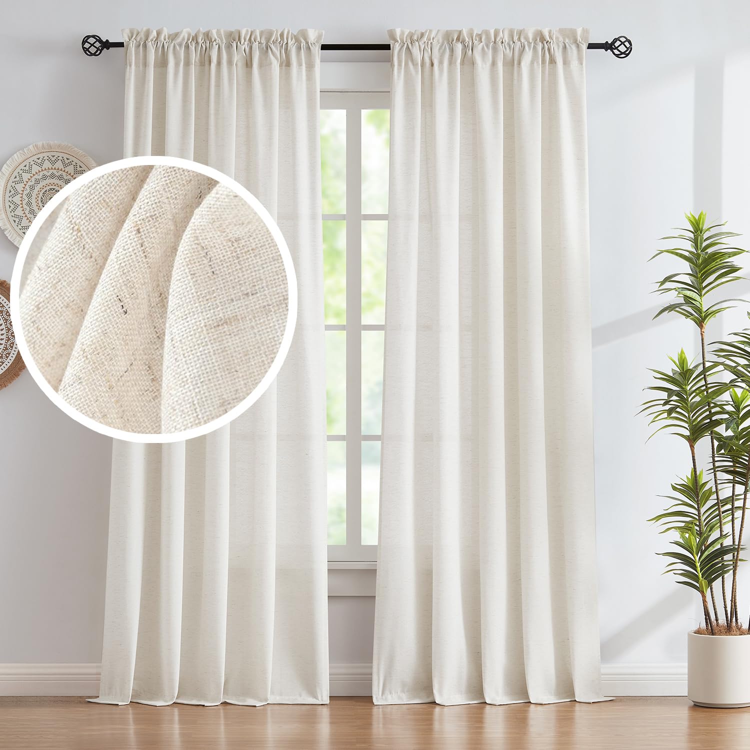 Semi Sheer Curtains for Living Room 95 inch Length Natural Linen Semi Sheer Curtain Drapes for Bedroom Light Filtering Farmhouse Country Rustic Window Curtains 52"w 2 Panels Rod Pocket Beige