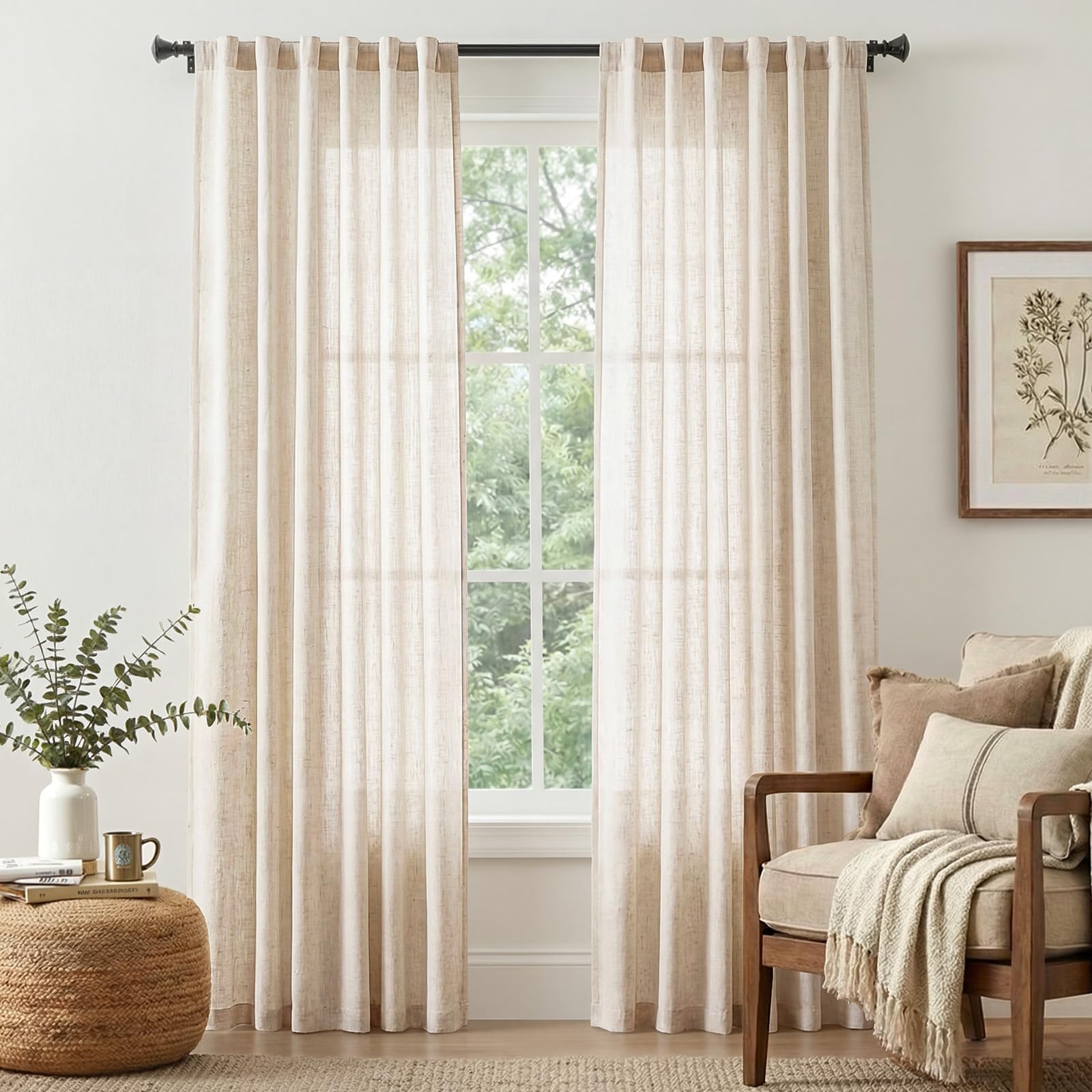 Linen Curtains for Living Room Bedroom 84 Inches Long Thick Linen Textured Beige Curtains Light Filtering Natural Semi Sheer Farmhouse Window Drapes, Country Rustic Drapes 2 Panels Back Tab/Rod Pocket