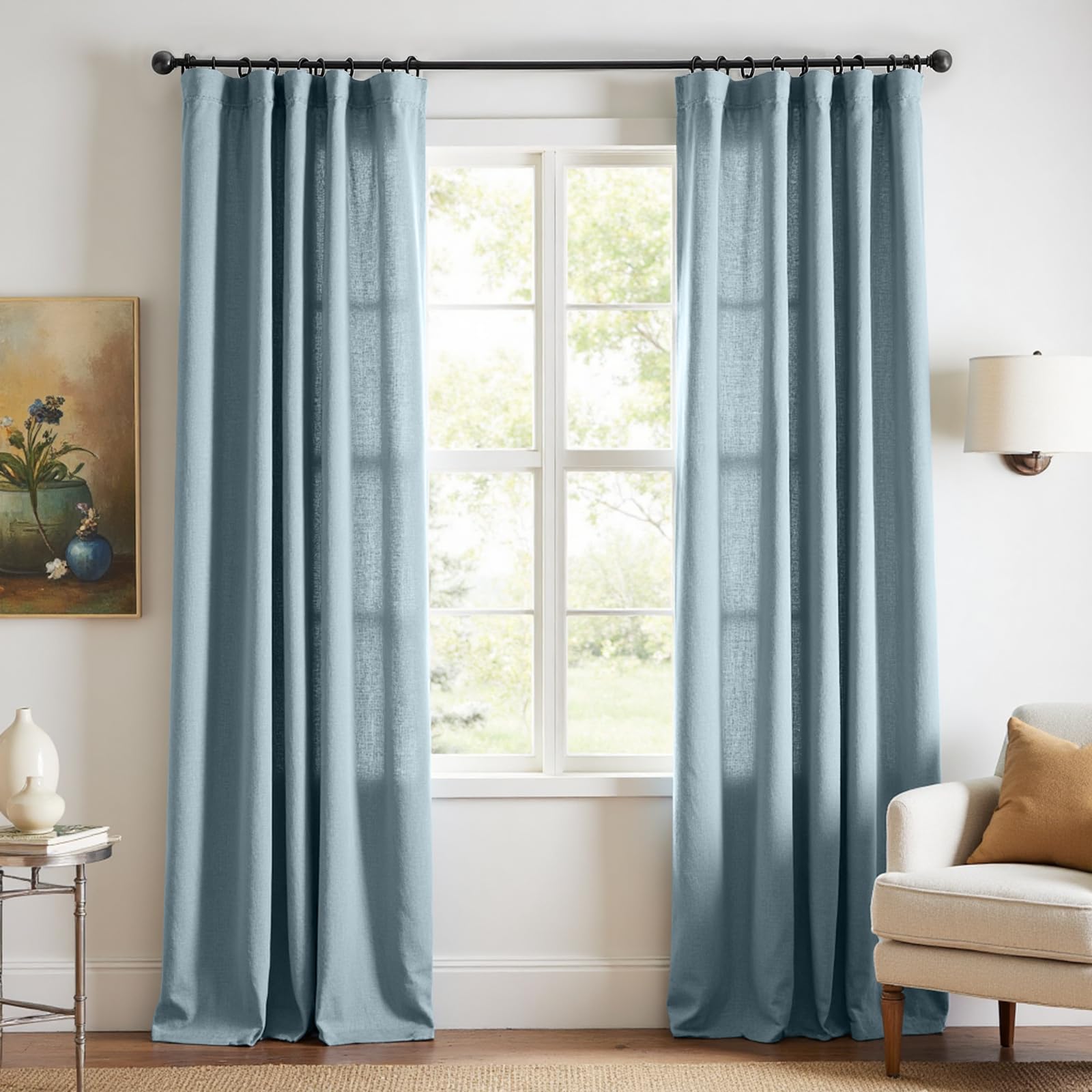 Linen Curtains for Living Room Bedroom 84 Inches Long Thick Linen Textured Beige Curtains Light Filtering Natural Semi Sheer Farmhouse Window Drapes, Country Rustic Drapes 2 Panels Back Tab/Rod Pocket