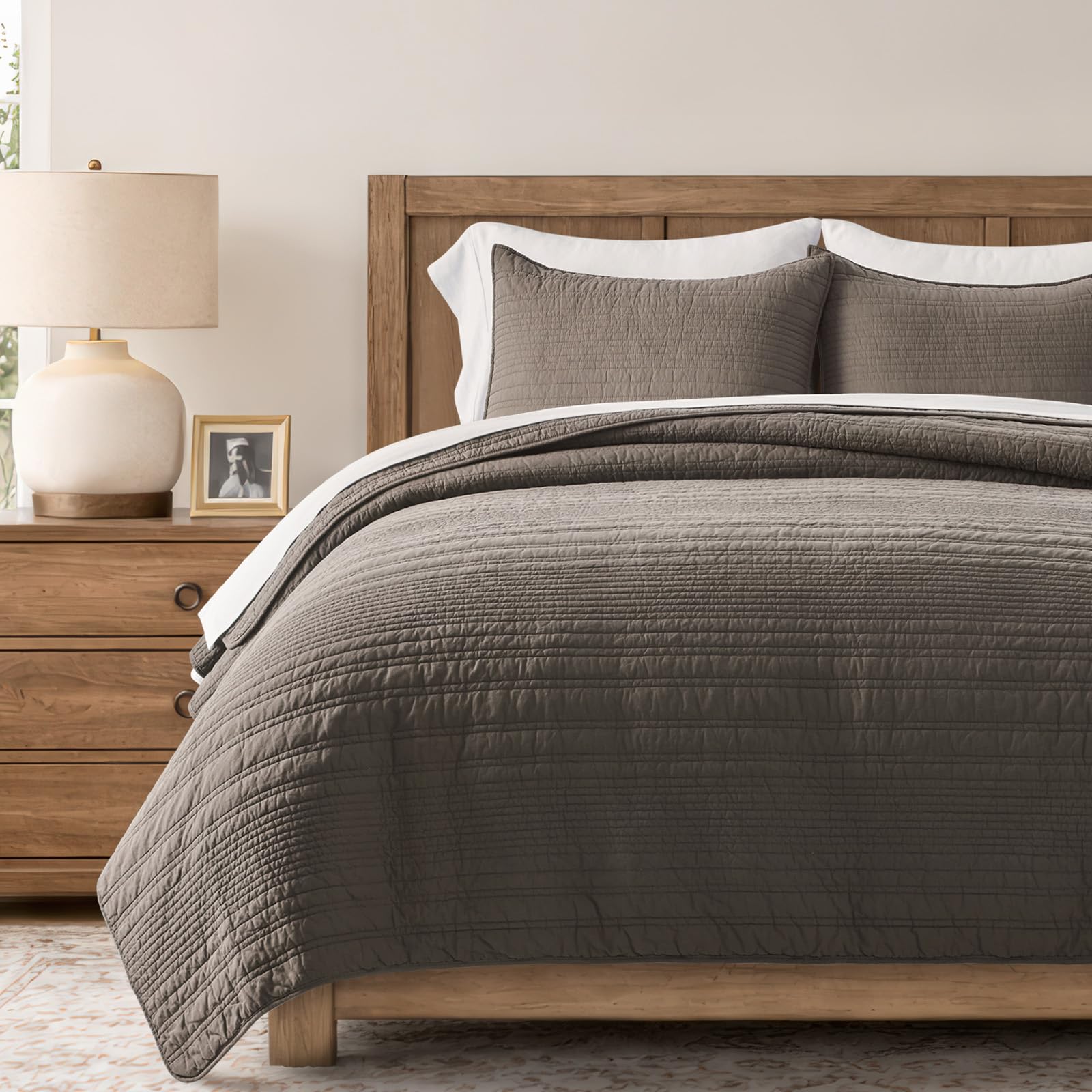EVERGRACEHOME 100% Cotton Modern Lines Quilt Set Queen Size, Pre-Washed Soft Striped Coverlet Bedspread, 3 Piece Lightweight Bedding Set for All Season, with 2 Pillow Shams, Stone Taupe