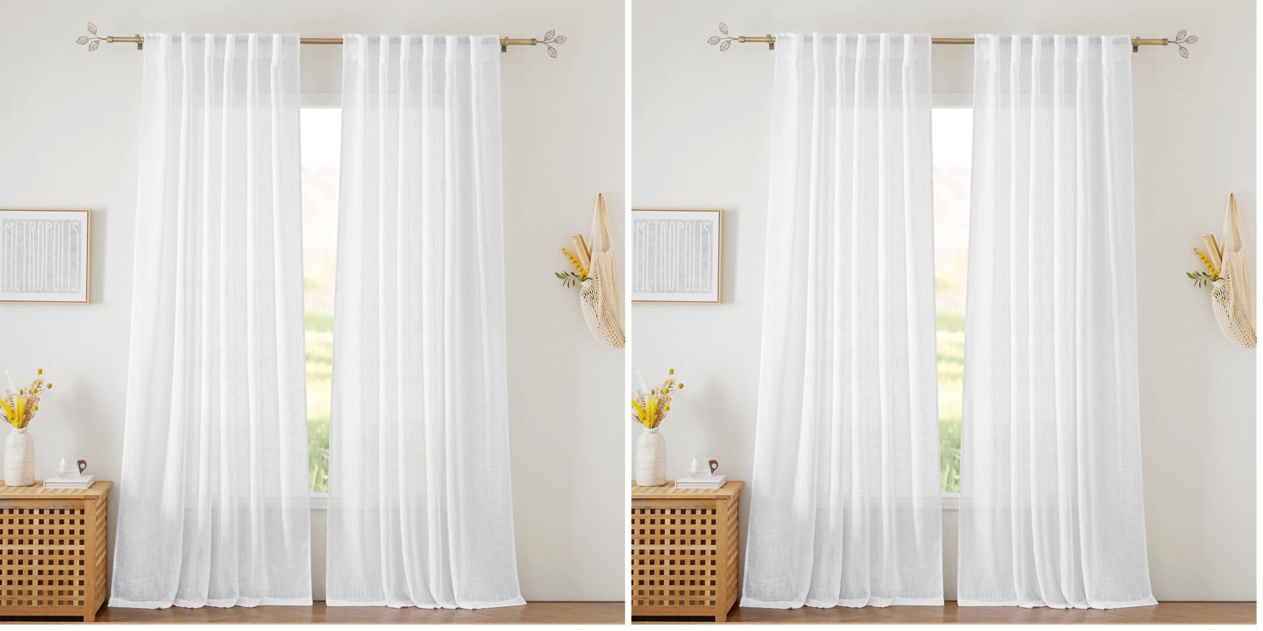 RYB HOME Semi Sheer Curtains - Linen Blend Privacy Curtains Sheer Window Treatment Drapes Farmhouse Decor for Bedroom Living Room Sliding Glass Door, 52 inch Wide x 95 inch Long 2 Panels, Linen
