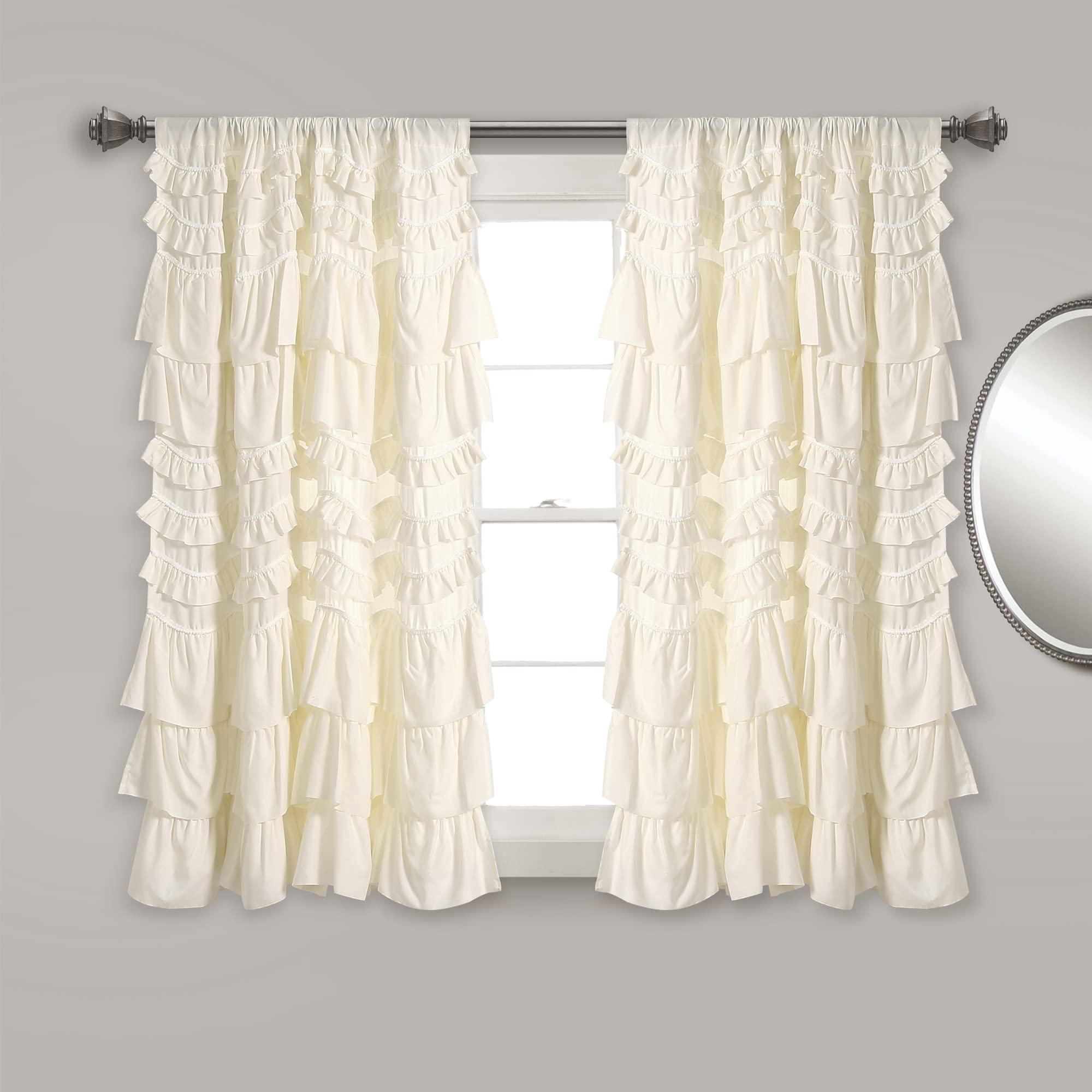 Lush Decor Kemmy Light Filtering Window Curtain Panel Single 52" W x 84" L Ivory - Drapes - Ruffled Curtains for Bedroom - Cream Curtains - Coquette Decor