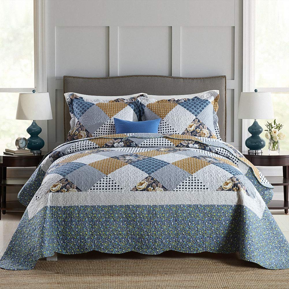 NEWLAKE Quilt Set Queen Size, 100% Cotton Patchwork Green Bohemian Quilt Sets, Reversible Bedspread Lightweight and Breathable for All Seasons, Soft Quilted Bedspread with 2 Pillow Shams