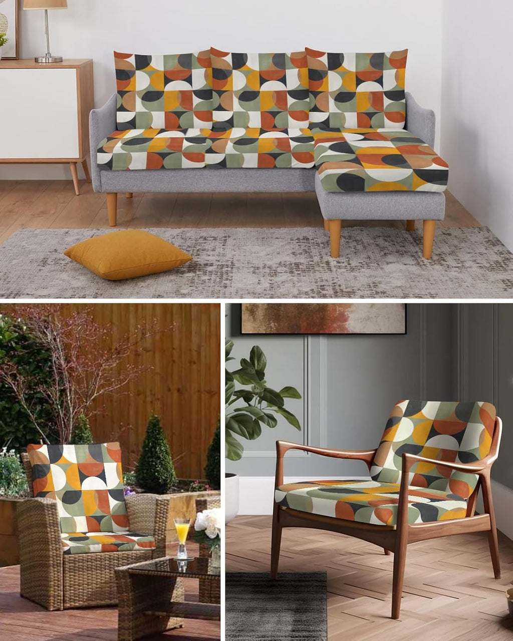 Couch Cushion Covers Mid Century Geometric Stretch Sofa Cushion Slipcovers Abstract Modern Retro Soft Sofa Cover Elastic Non-Slip Sofa Seat Cover Furniture Protector Small 3pcs