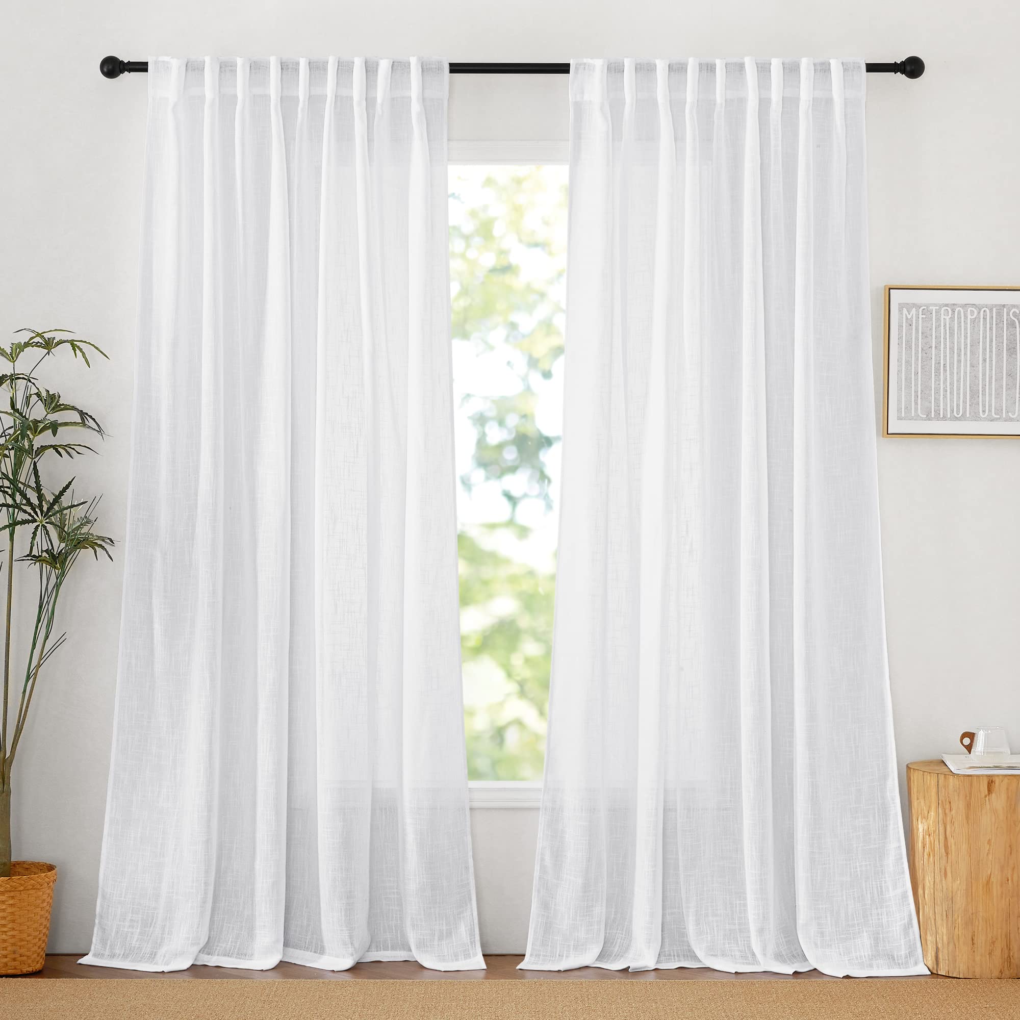 RYB HOME Semi Sheer Curtains - Linen Blend Privacy Curtains Sheer Window Treatment Drapes Farmhouse Decor for Bedroom Living Room Sliding Glass Door, 52 inch Wide x 95 inch Long 2 Panels, Linen