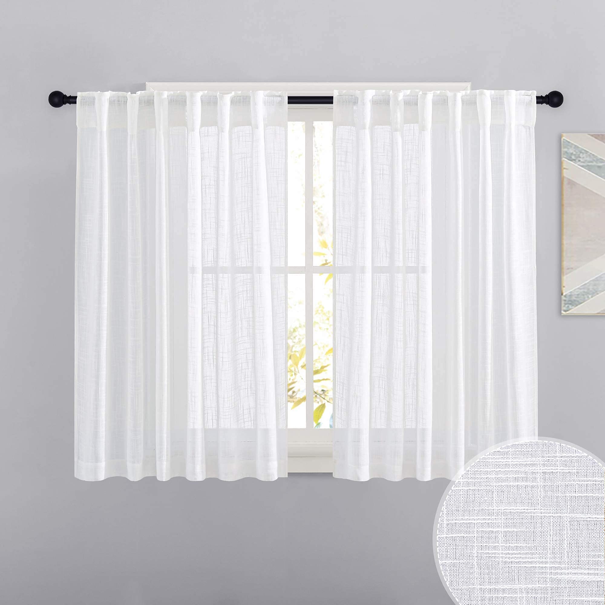 RYB HOME Semi Sheer Curtains - Linen Blend Privacy Curtains Sheer Window Treatment Drapes Farmhouse Decor for Bedroom Living Room Sliding Glass Door, 52 inch Wide x 95 inch Long 2 Panels, Linen