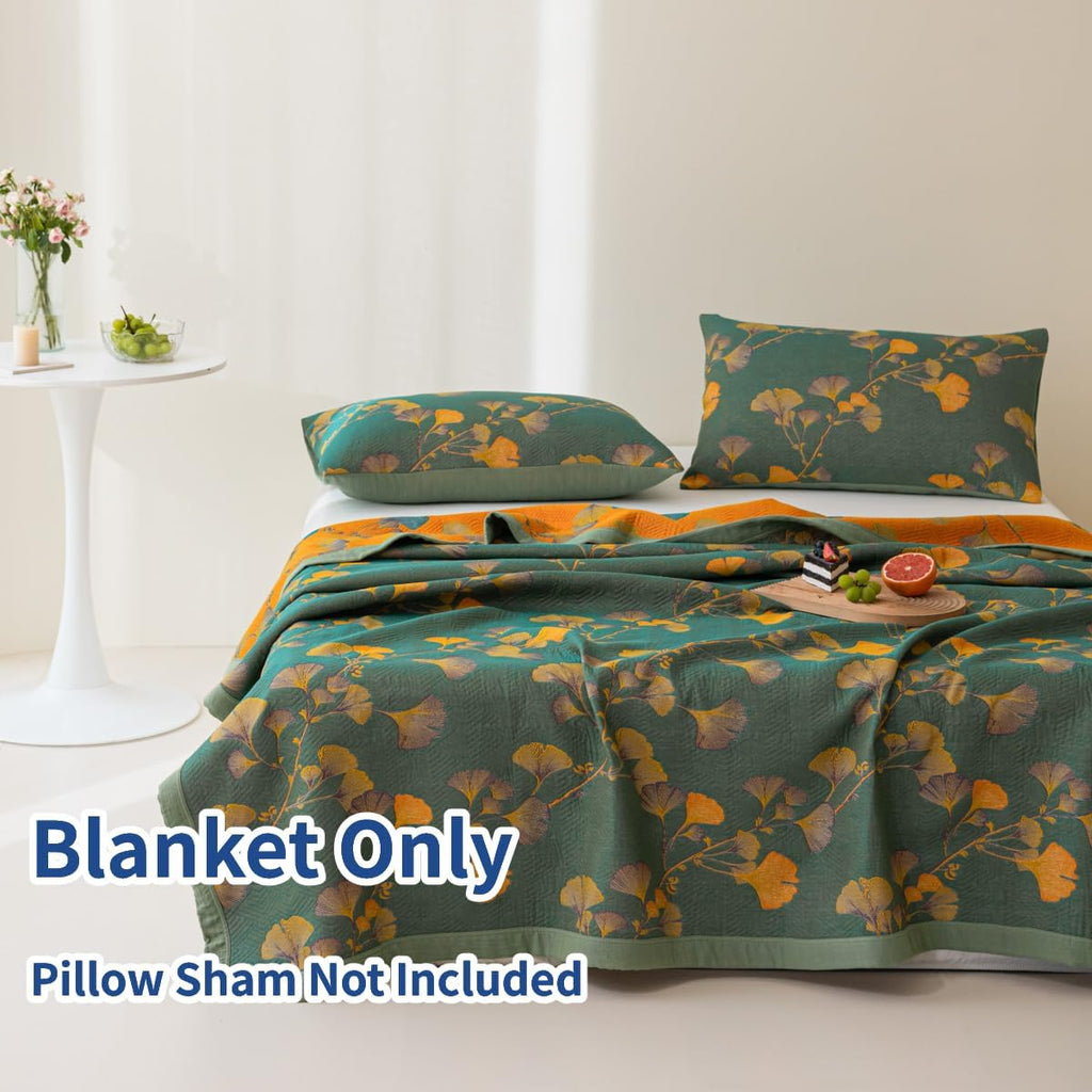 King Size 100% Cotton Floral Ginkgo Jacquard Quilt, 3-Layer Reversible Lightweight Bedspread 98"x94"