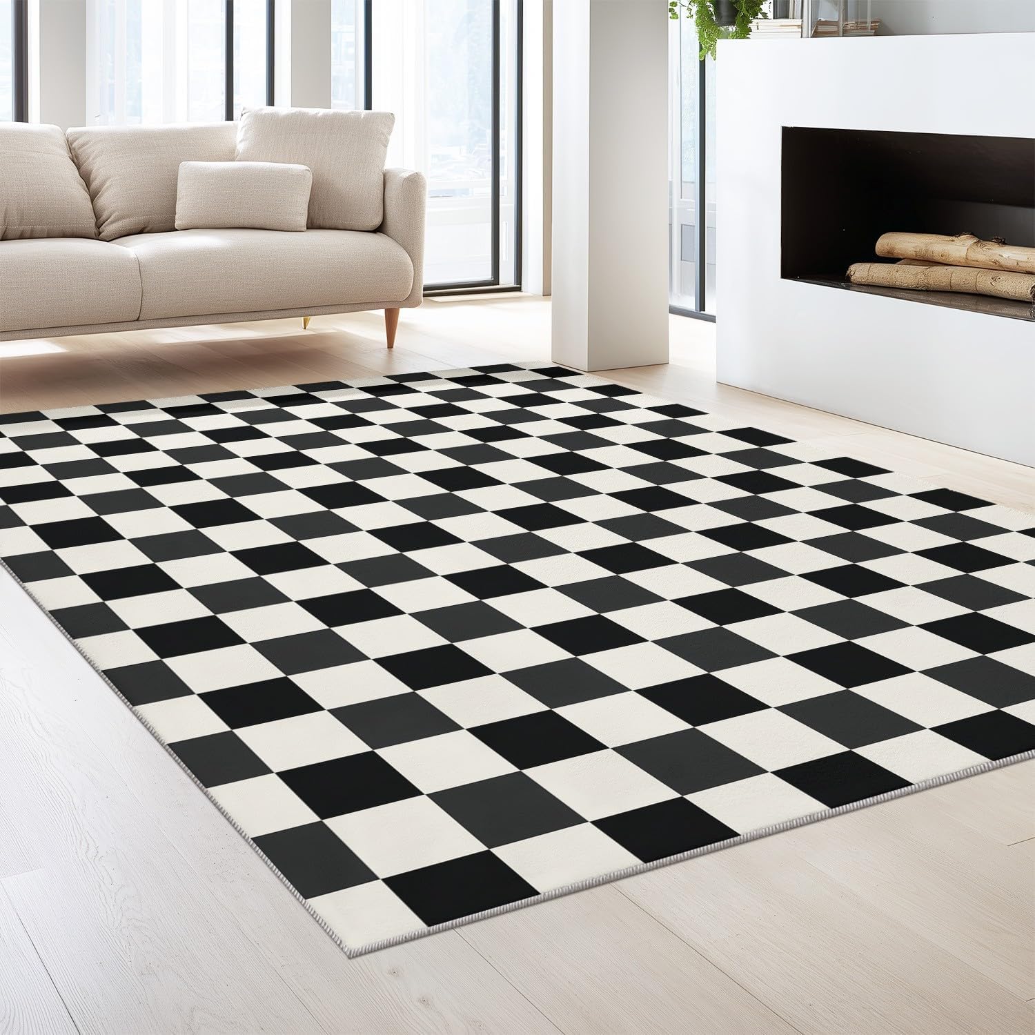 Nordic Black White Checkered Rug 4×6ft, Foldable Washable Indoor Floor Mat