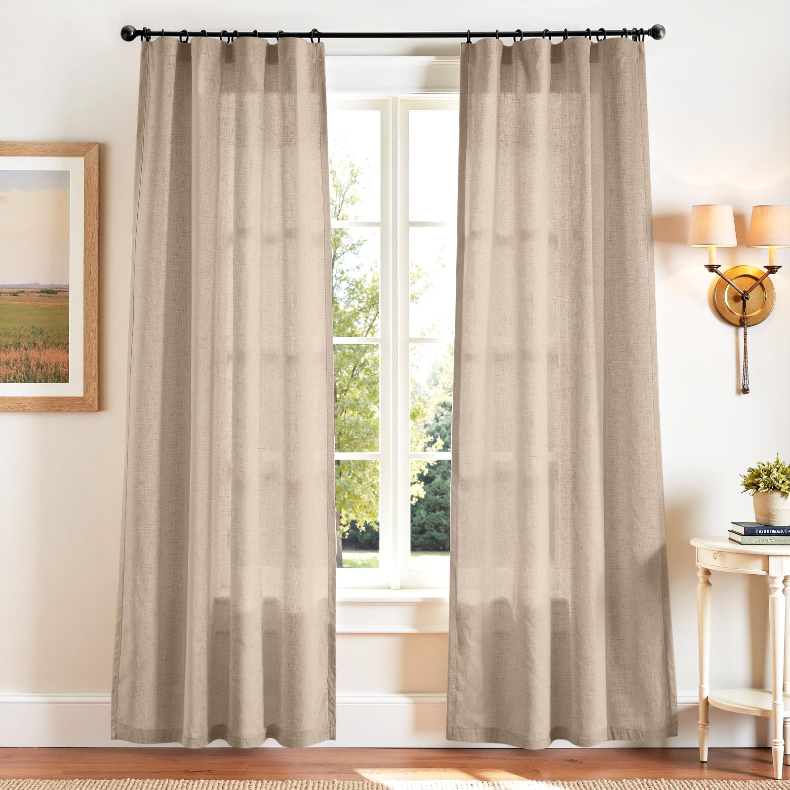Linen Curtains for Living Room Bedroom 84 Inches Long Thick Linen Textured Beige Curtains Light Filtering Natural Semi Sheer Farmhouse Window Drapes, Country Rustic Drapes 2 Panels Back Tab/Rod Pocket
