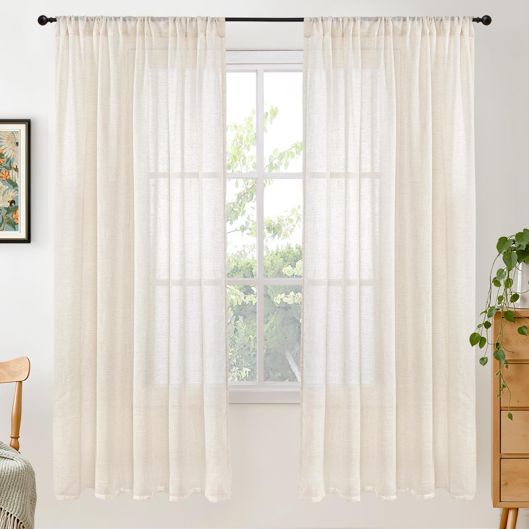 BGment 80 Inches Long Natural Linen Curtains 2 Panels Set - Burlap Light Filtering Window Drapes with Rod Pocket Semi Sheer for Farmhouse Bedroom Decor Rustic, 52 Inch Wide Each Panel