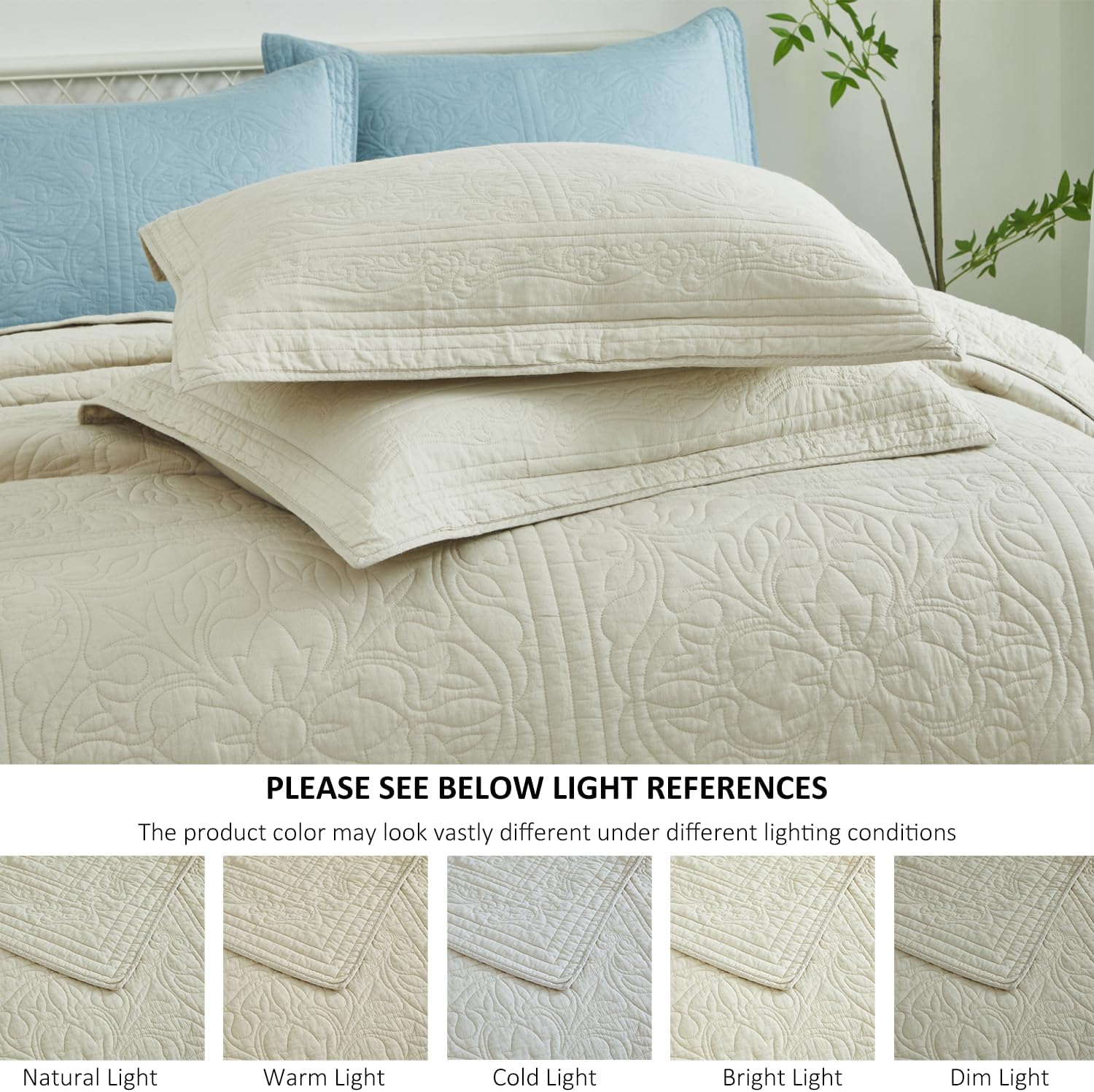 WINLIFE 100% Cotton Quilt Set Full/Queen 90x98 Inch Beige Summer Bedspread Super Soft Lightweight Matelasse Embroidery Floral Coverlets for All Season, 3 Piece (1 Quilt, 2 Pillow Shams)