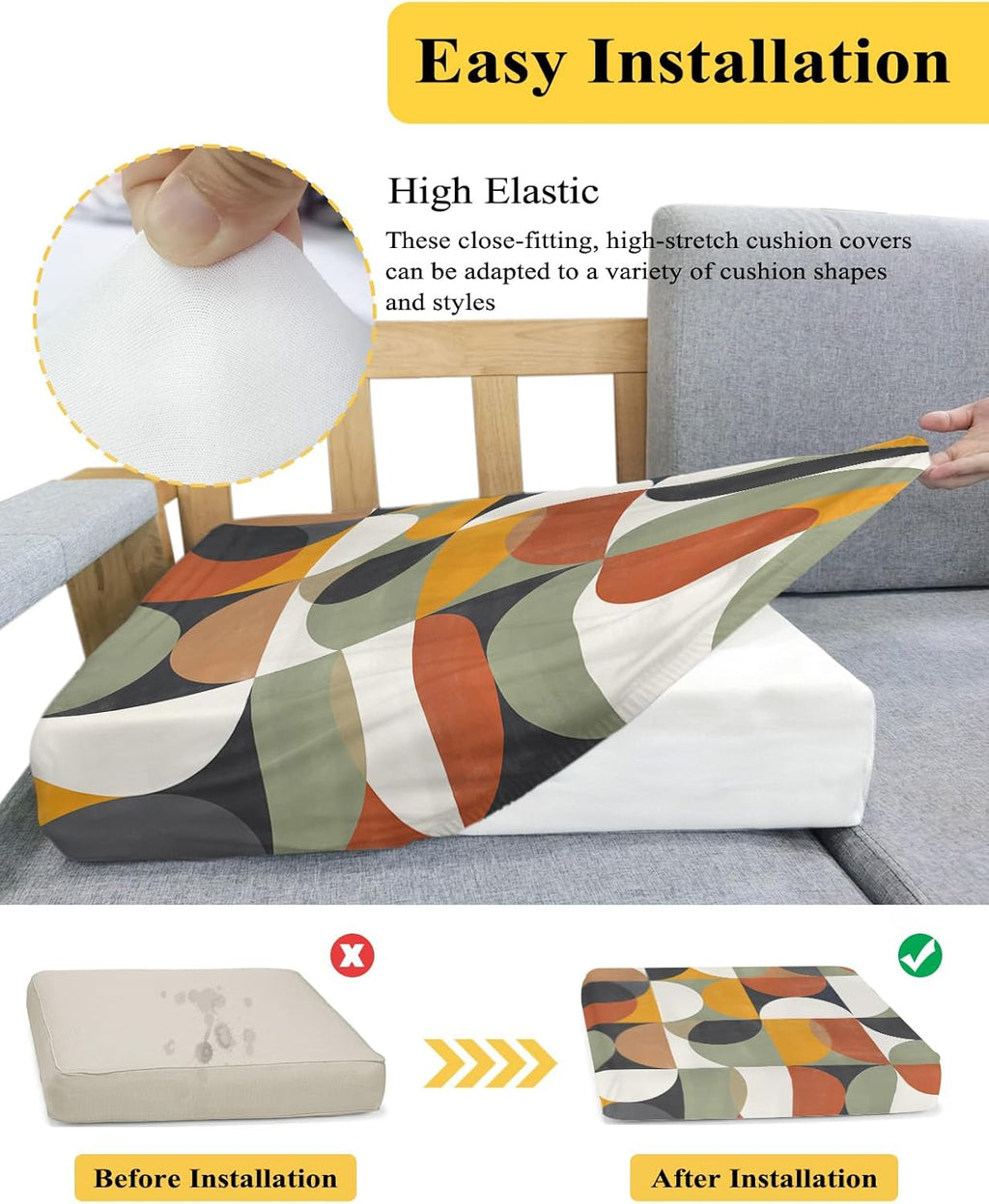 Couch Cushion Covers Mid Century Geometric Stretch Sofa Cushion Slipcovers Abstract Modern Retro Soft Sofa Cover Elastic Non-Slip Sofa Seat Cover Furniture Protector Small 3pcs
