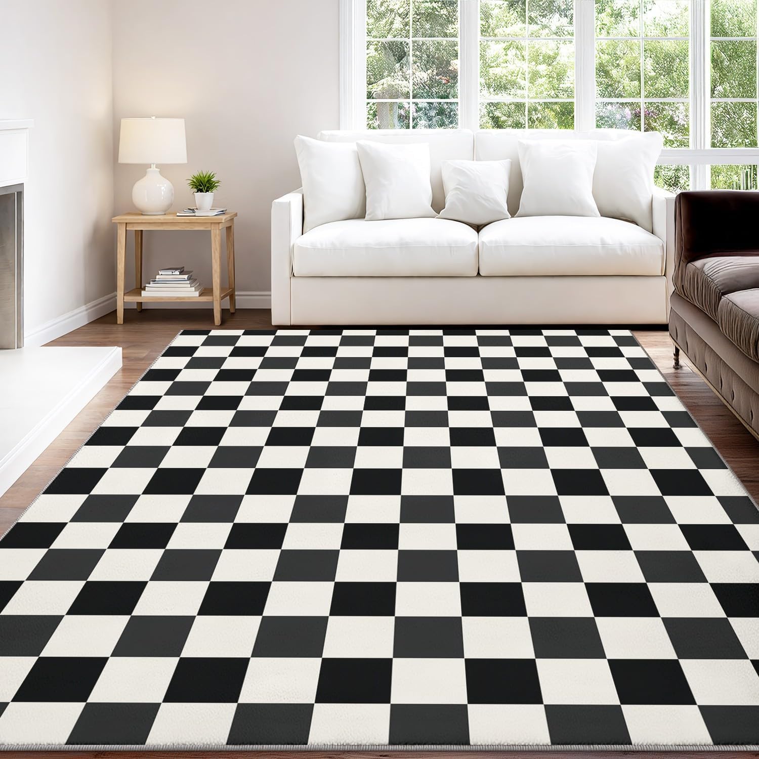 Nordic Black White Checkered Rug 4×6ft, Foldable Washable Indoor Floor Mat