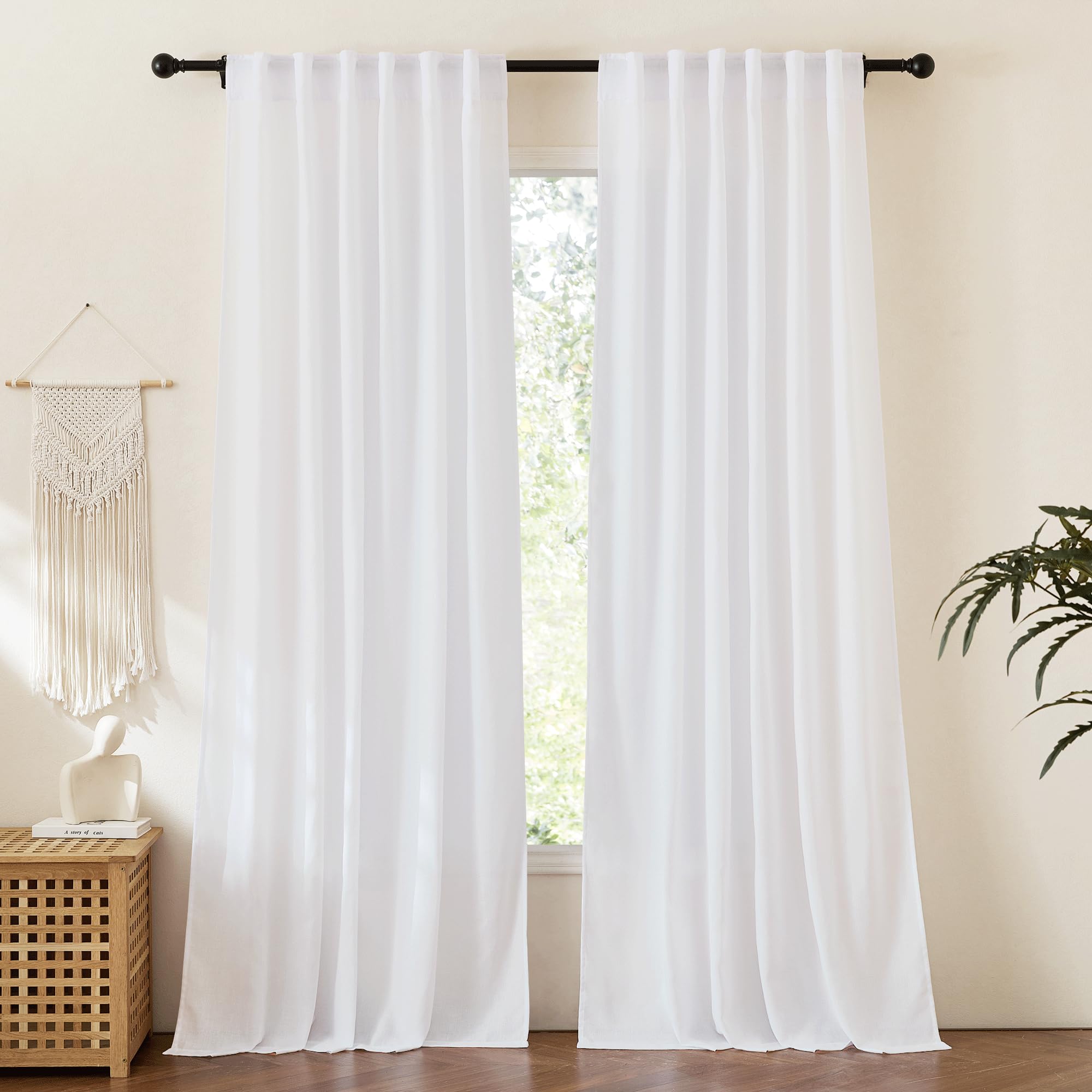 RYB HOME Semi Sheer Curtains - Linen Blend Privacy Curtains Sheer Window Treatment Drapes Farmhouse Decor for Bedroom Living Room Sliding Glass Door, 52 inch Wide x 95 inch Long 2 Panels, Linen