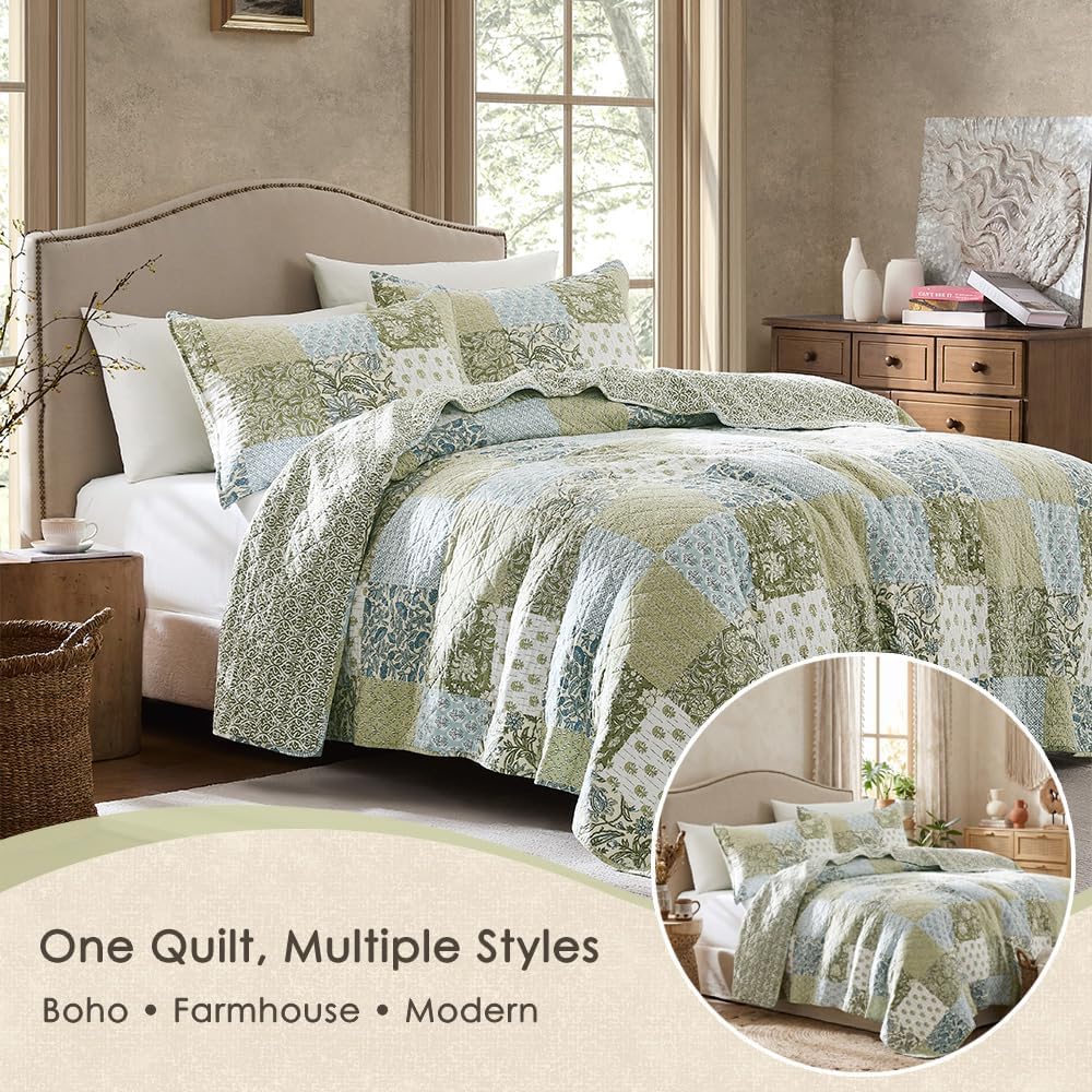WDCOZY 100% Cotton Reversible Patchwork Quilt Queen Size, Lightweight Farmhouse Vintage Shabby Chic Bedding Set with 2 Pillow Shams, Green Floral Printed Pattern Bedspread Coverlet for All Seasons