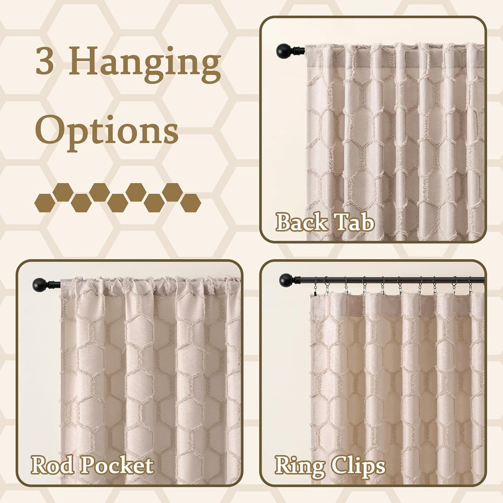 Taupe Geometric Curtains 84 Inches Long 2 Panels Jacquard Fluffy Hexagon Tufted Curtains Rod Pocket Back Tab Light Filtering Semi Sheer Privacy Decor Lattice Drapes for Bedroom Living Room, 52x84