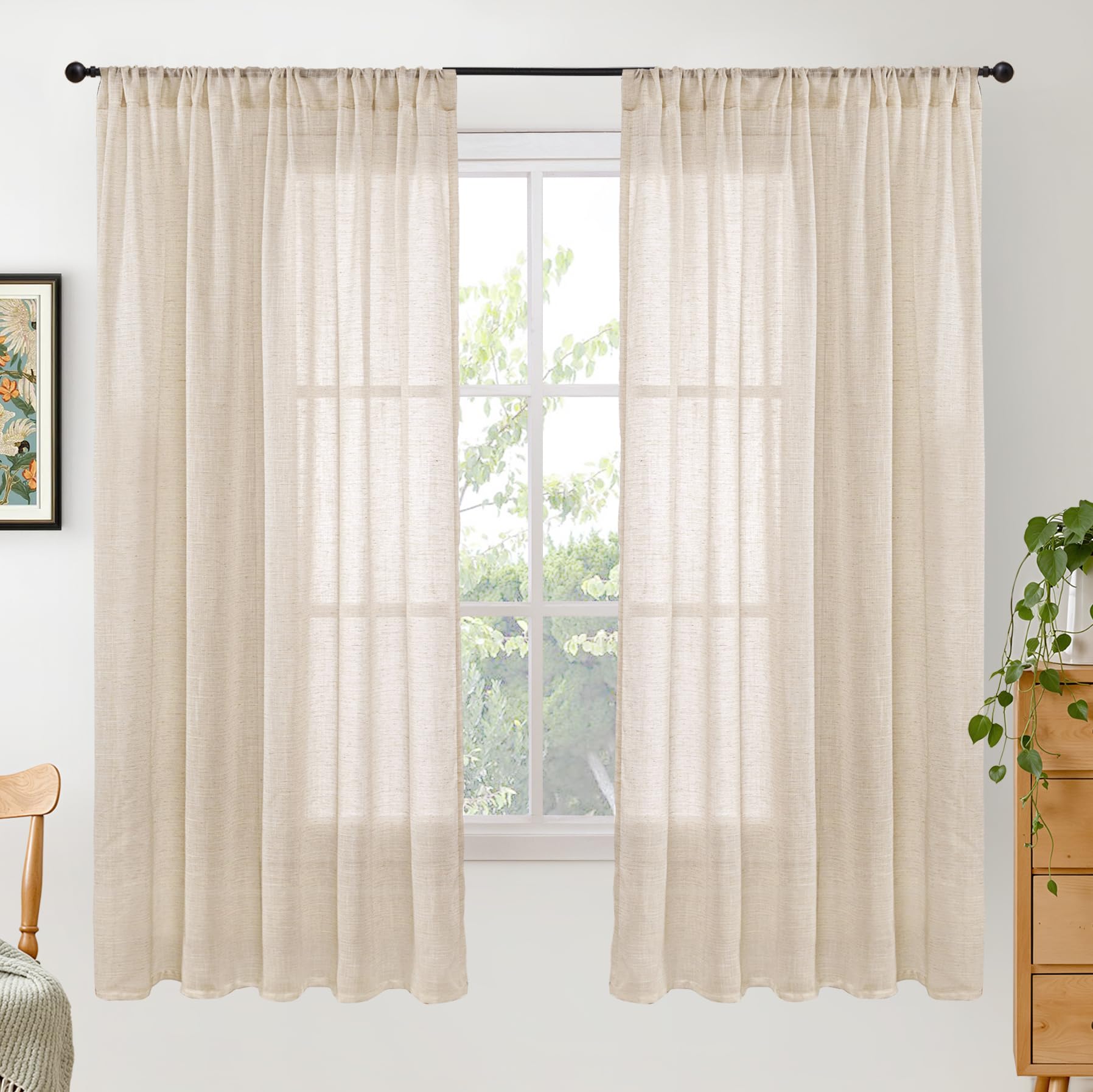 BGment 80 Inches Long Natural Linen Curtains 2 Panels Set - Burlap Light Filtering Window Drapes with Rod Pocket Semi Sheer for Farmhouse Bedroom Decor Rustic, 52 Inch Wide Each Panel