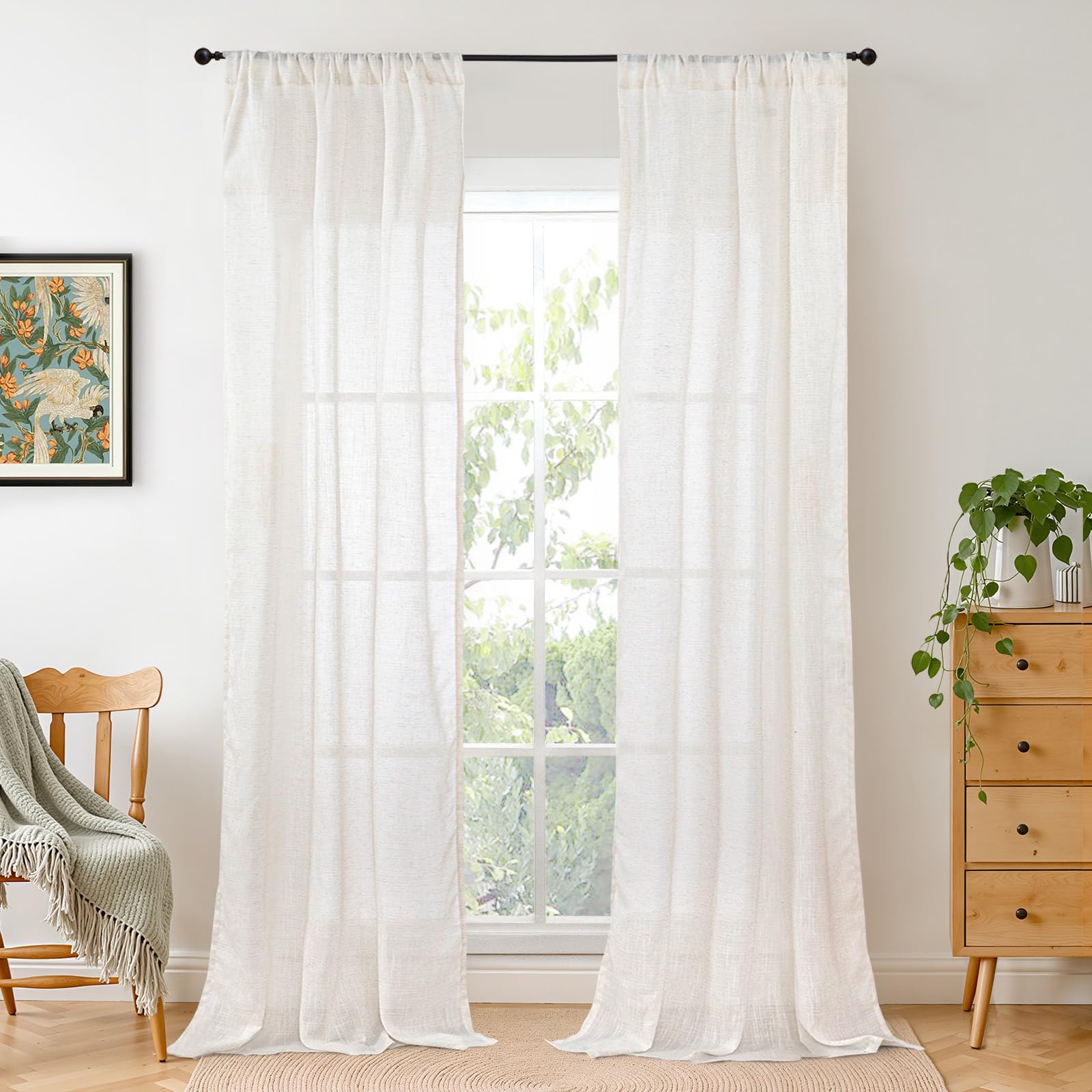 BGment 80 Inches Long Natural Linen Curtains 2 Panels Set - Burlap Light Filtering Window Drapes with Rod Pocket Semi Sheer for Farmhouse Bedroom Decor Rustic, 52 Inch Wide Each Panel