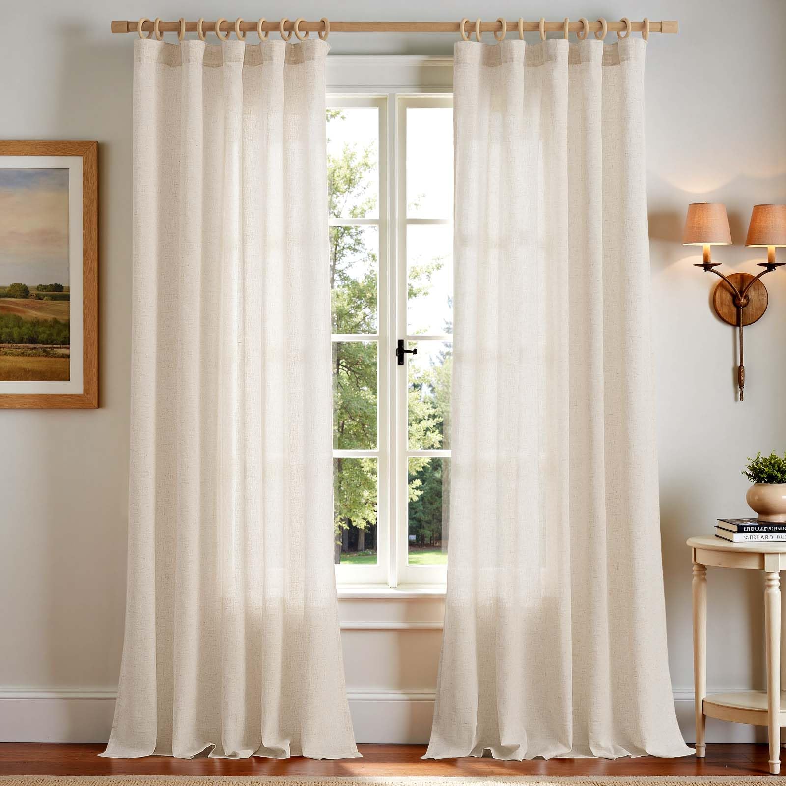Linen Curtains for Living Room Bedroom 84 Inches Long Thick Linen Textured Beige Curtains Light Filtering Natural Semi Sheer Farmhouse Window Drapes, Country Rustic Drapes 2 Panels Back Tab/Rod Pocket