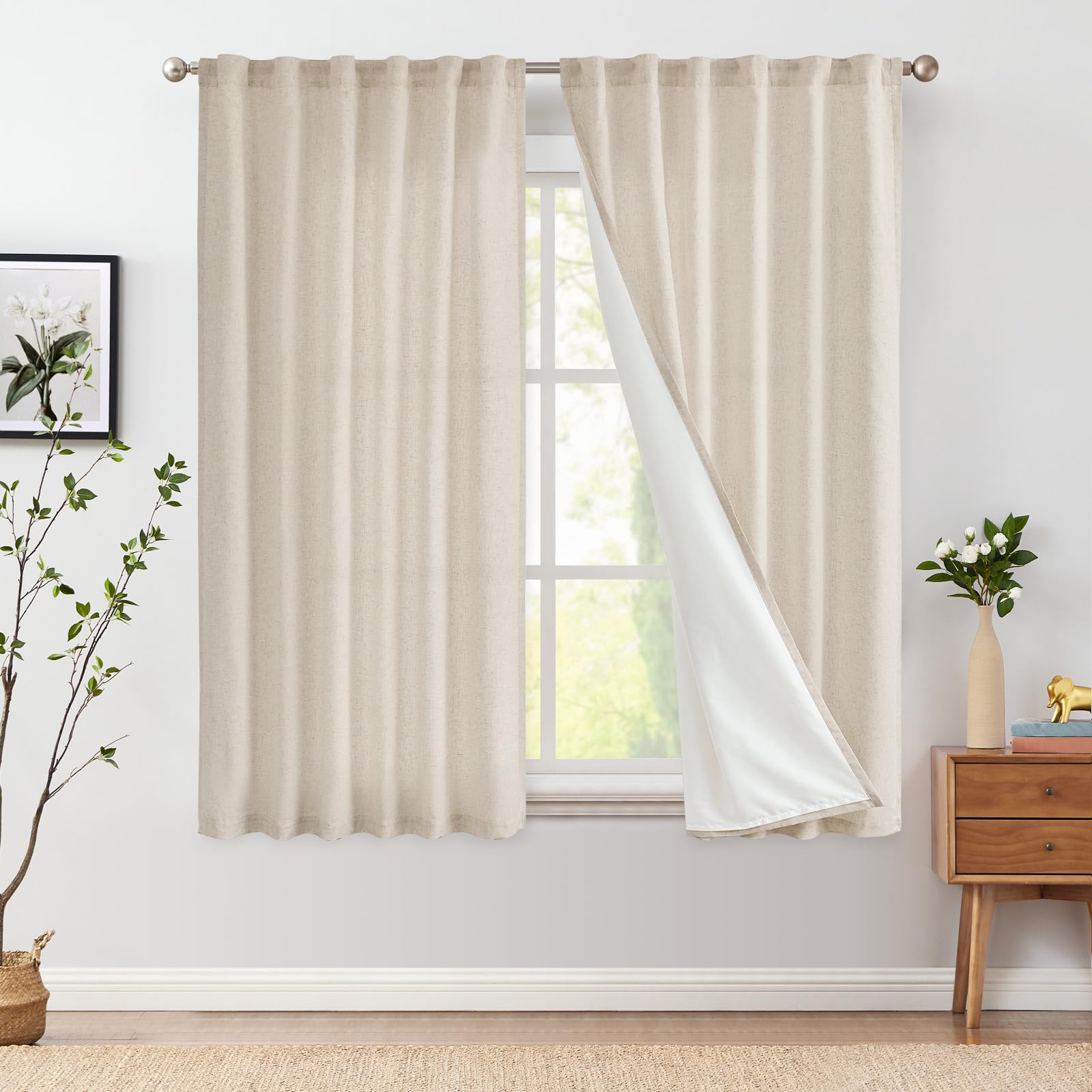 Linen Curtains for Living Room Bedroom 84 Inches Long Thick Linen Textured Beige Curtains Light Filtering Natural Semi Sheer Farmhouse Window Drapes, Country Rustic Drapes 2 Panels Back Tab/Rod Pocket