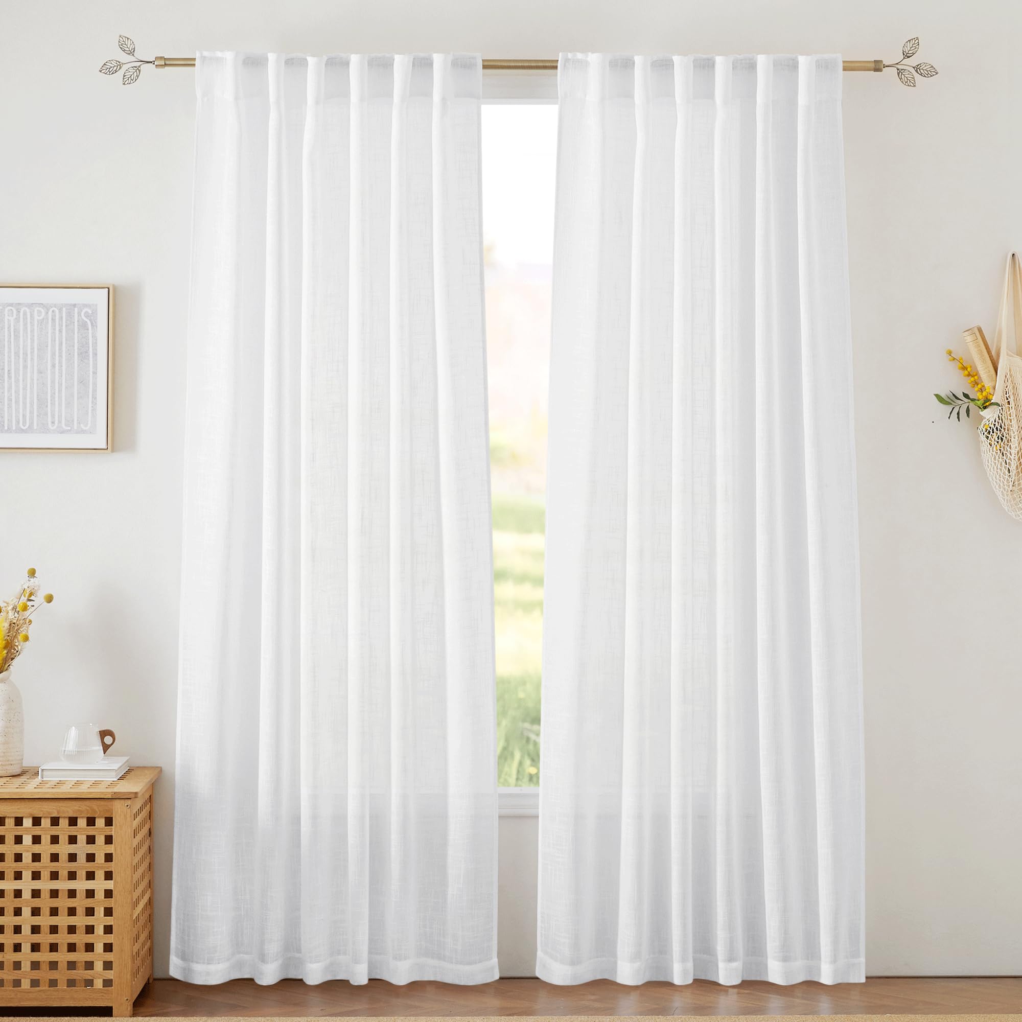 RYB HOME Semi Sheer Curtains - Linen Blend Privacy Curtains Sheer Window Treatment Drapes Farmhouse Decor for Bedroom Living Room Sliding Glass Door, 52 inch Wide x 95 inch Long 2 Panels, Linen